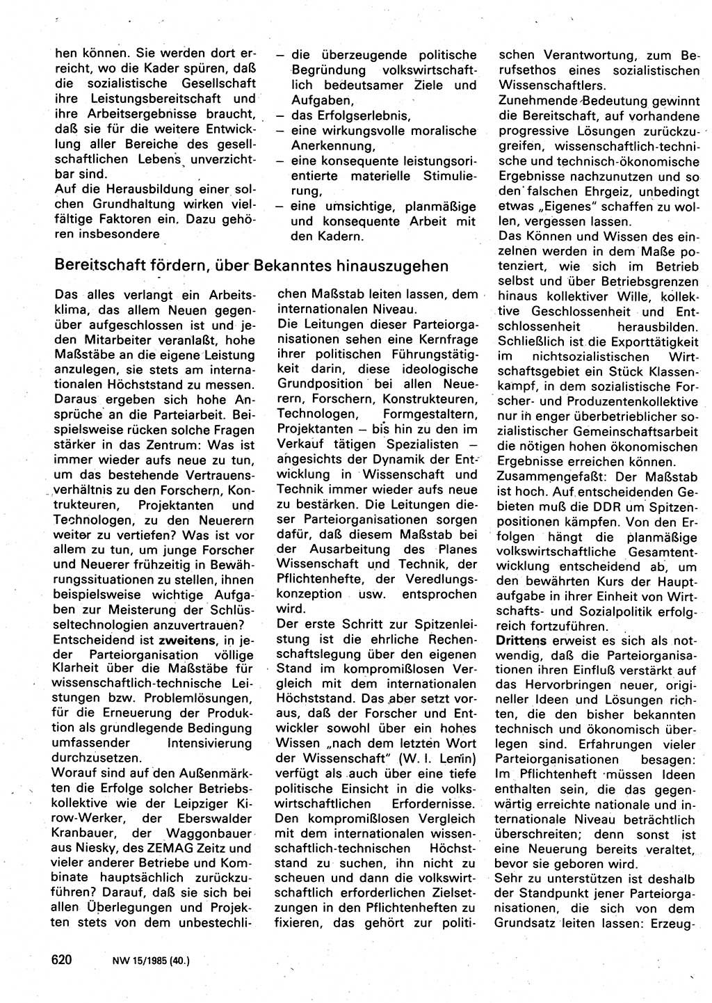 Neuer Weg (NW), Organ des Zentralkomitees (ZK) der SED (Sozialistische Einheitspartei Deutschlands) für Fragen des Parteilebens, 40. Jahrgang [Deutsche Demokratische Republik (DDR)] 1985, Seite 620 (NW ZK SED DDR 1985, S. 620)