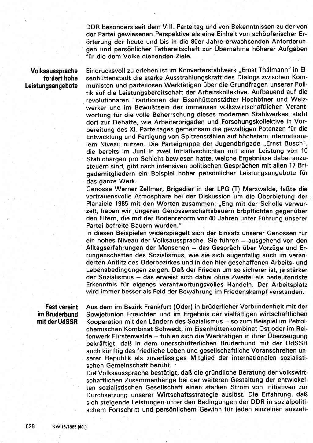 Neuer Weg (NW), Organ des Zentralkomitees (ZK) der SED (Sozialistische Einheitspartei Deutschlands) für Fragen des Parteilebens, 40. Jahrgang [Deutsche Demokratische Republik (DDR)] 1985, Seite 628 (NW ZK SED DDR 1985, S. 628)