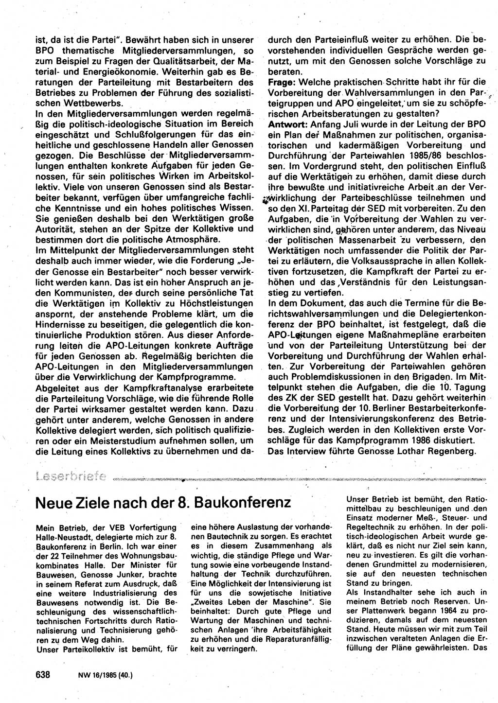 Neuer Weg (NW), Organ des Zentralkomitees (ZK) der SED (Sozialistische Einheitspartei Deutschlands) für Fragen des Parteilebens, 40. Jahrgang [Deutsche Demokratische Republik (DDR)] 1985, Seite 638 (NW ZK SED DDR 1985, S. 638)