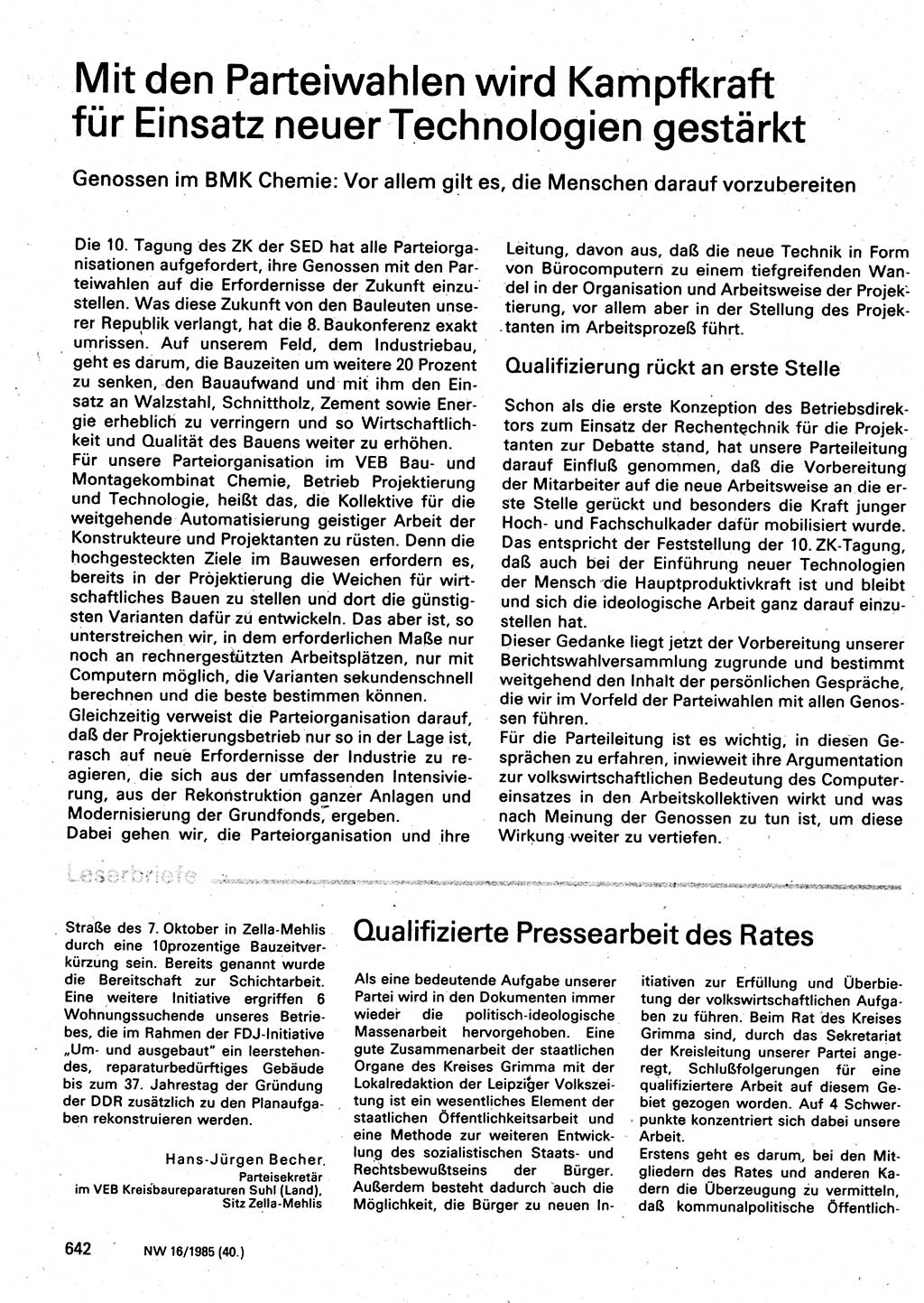 Neuer Weg (NW), Organ des Zentralkomitees (ZK) der SED (Sozialistische Einheitspartei Deutschlands) für Fragen des Parteilebens, 40. Jahrgang [Deutsche Demokratische Republik (DDR)] 1985, Seite 642 (NW ZK SED DDR 1985, S. 642)