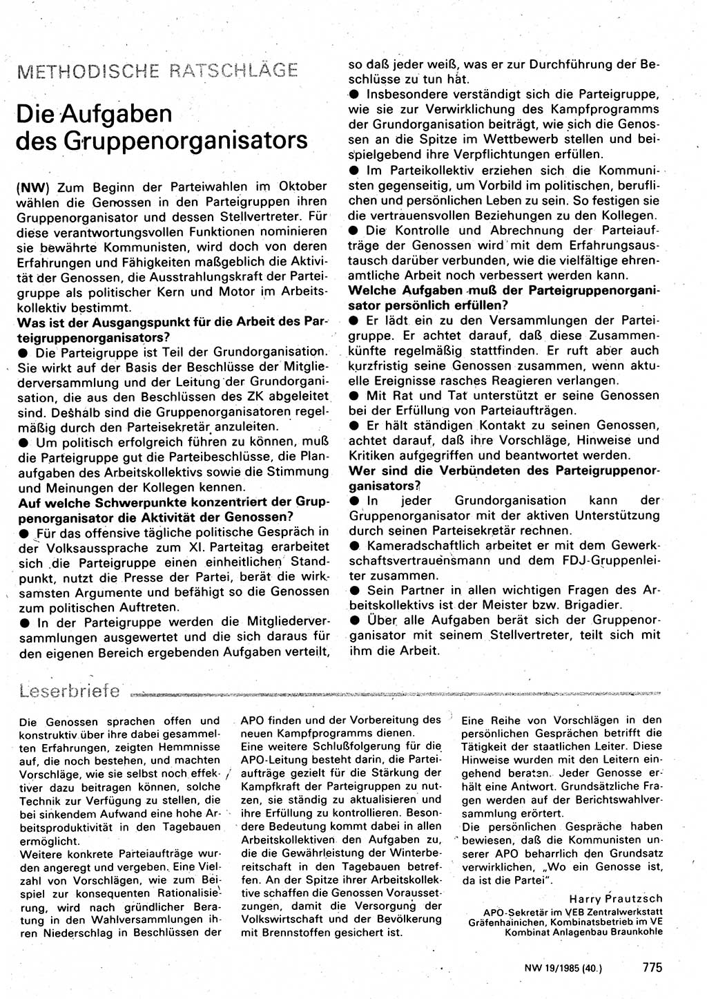 Neuer Weg (NW), Organ des Zentralkomitees (ZK) der SED (Sozialistische Einheitspartei Deutschlands) für Fragen des Parteilebens, 40. Jahrgang [Deutsche Demokratische Republik (DDR)] 1985, Seite 775 (NW ZK SED DDR 1985, S. 775)