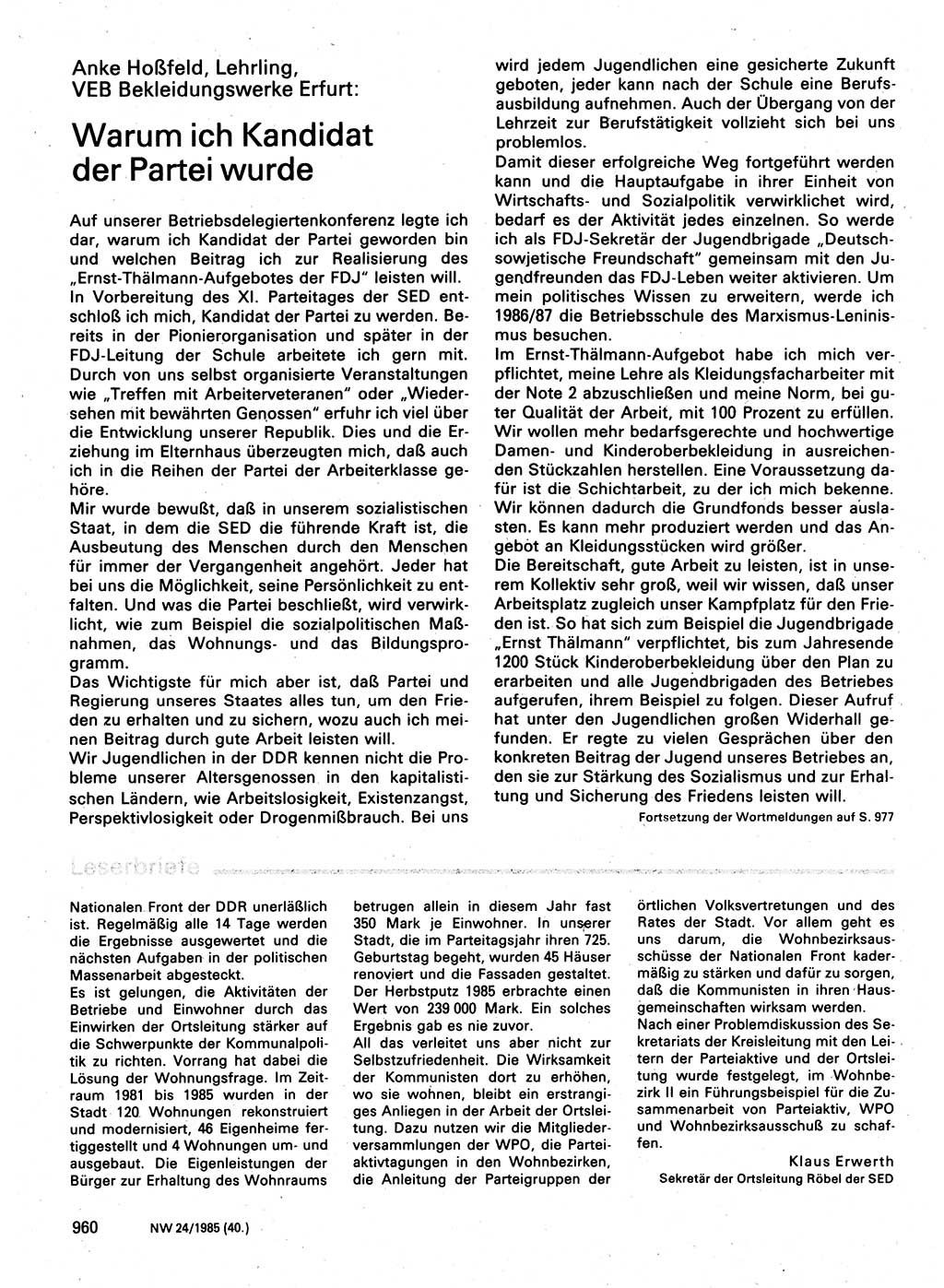 Neuer Weg (NW), Organ des Zentralkomitees (ZK) der SED (Sozialistische Einheitspartei Deutschlands) für Fragen des Parteilebens, 40. Jahrgang [Deutsche Demokratische Republik (DDR)] 1985, Seite 960 (NW ZK SED DDR 1985, S. 960)