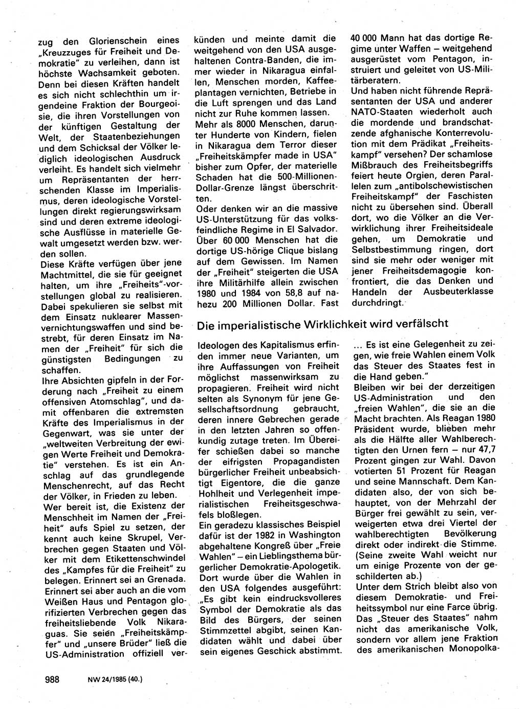 Neuer Weg (NW), Organ des Zentralkomitees (ZK) der SED (Sozialistische Einheitspartei Deutschlands) für Fragen des Parteilebens, 40. Jahrgang [Deutsche Demokratische Republik (DDR)] 1985, Seite 988 (NW ZK SED DDR 1985, S. 988)