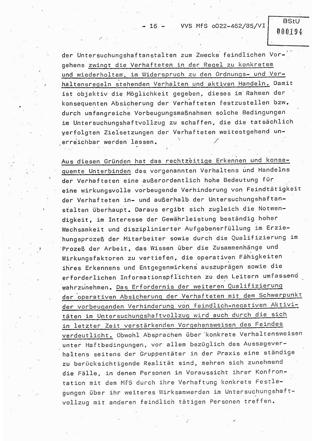 Der Untersuchungshaftvollzug im MfS, Schulungsmaterial Teil Ⅵ, Ministerium für Staatssicherheit [Deutsche Demokratische Republik (DDR)], Abteilung (Abt.) ⅩⅣ, Vertrauliche Verschlußsache (VVS) o022-462/85/Ⅵ, Berlin 1985, Seite 16 (Sch.-Mat. Ⅵ MfS DDR Abt. ⅩⅣ VVS o022-462/85/Ⅵ 1985, S. 16)