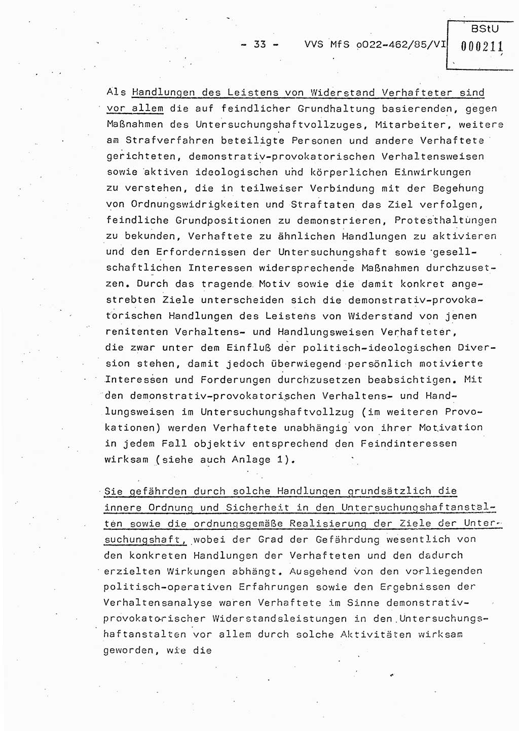 Der Untersuchungshaftvollzug im MfS, Schulungsmaterial Teil Ⅵ, Ministerium für Staatssicherheit [Deutsche Demokratische Republik (DDR)], Abteilung (Abt.) ⅩⅣ, Vertrauliche Verschlußsache (VVS) o022-462/85/Ⅵ, Berlin 1985, Seite 33 (Sch.-Mat. Ⅵ MfS DDR Abt. ⅩⅣ VVS o022-462/85/Ⅵ 1985, S. 33)