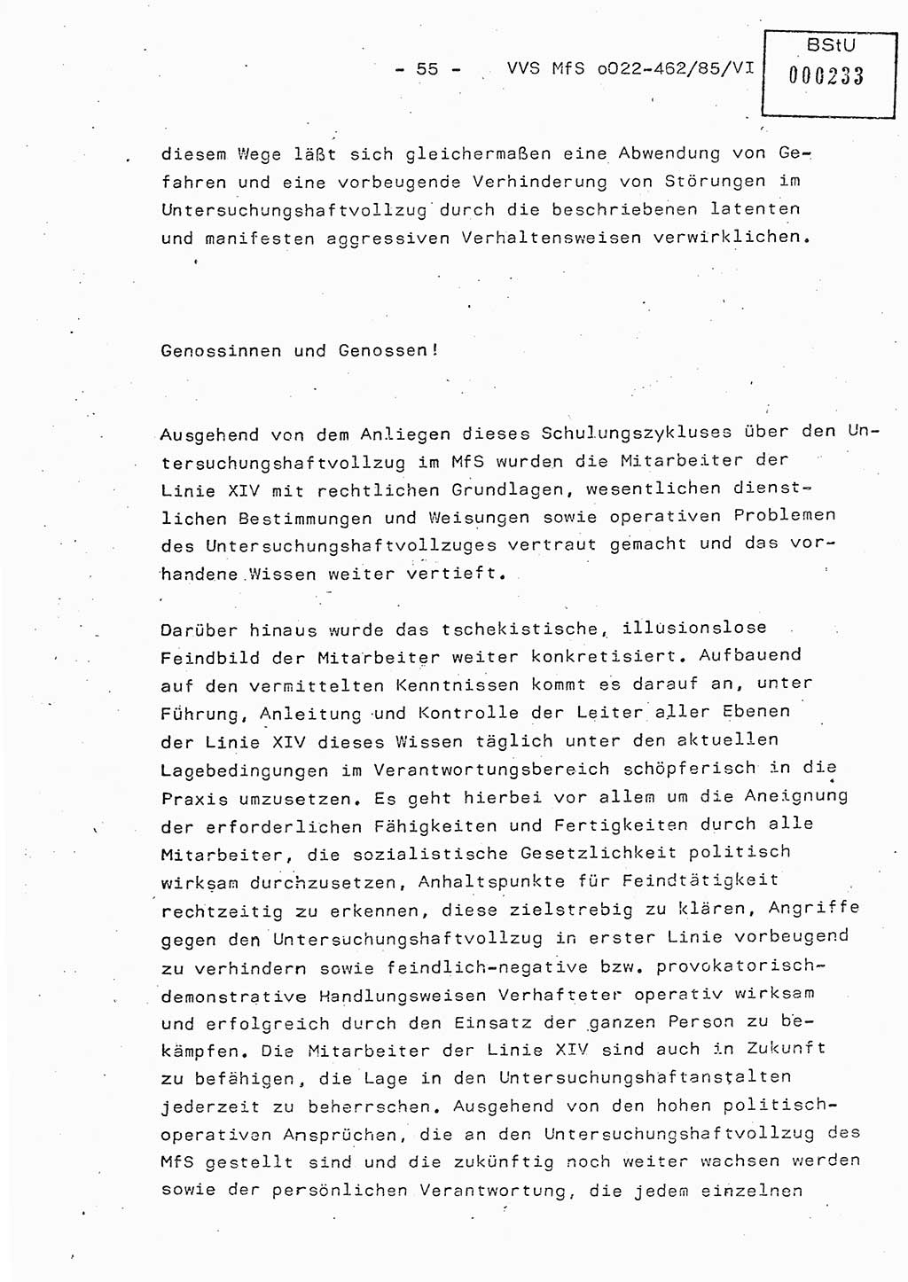 Der Untersuchungshaftvollzug im MfS, Schulungsmaterial Teil Ⅵ, Ministerium für Staatssicherheit [Deutsche Demokratische Republik (DDR)], Abteilung (Abt.) ⅩⅣ, Vertrauliche Verschlußsache (VVS) o022-462/85/Ⅵ, Berlin 1985, Seite 55 (Sch.-Mat. Ⅵ MfS DDR Abt. ⅩⅣ VVS o022-462/85/Ⅵ 1985, S. 55)