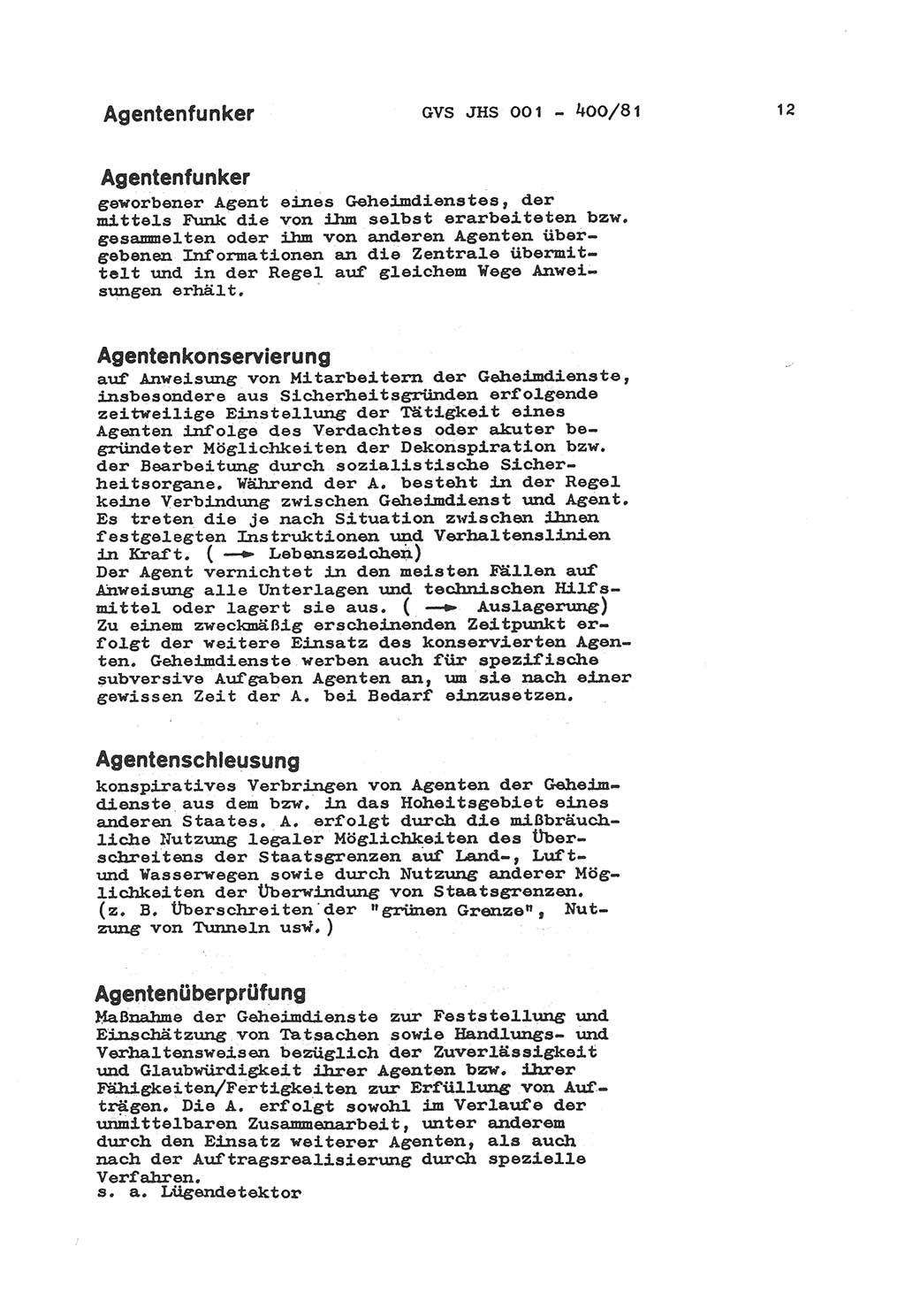 Wörterbuch der politisch-operativen Arbeit, Ministerium für Staatssicherheit (MfS) [Deutsche Demokratische Republik (DDR)], Juristische Hochschule (JHS), Geheime Verschlußsache (GVS) o001-400/81, Potsdam 1985, Blatt 12 (Wb. pol.-op. Arb. MfS DDR JHS GVS o001-400/81 1985, Bl. 12)