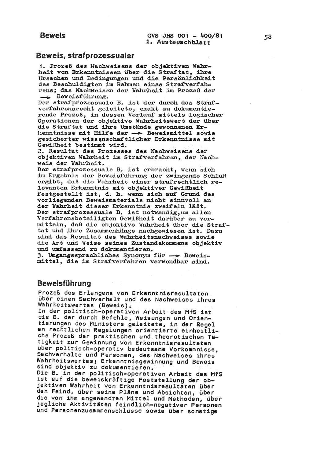 Wörterbuch der politisch-operativen Arbeit, Ministerium für Staatssicherheit (MfS) [Deutsche Demokratische Republik (DDR)], Juristische Hochschule (JHS), Geheime Verschlußsache (GVS) o001-400/81, Potsdam 1985, Blatt 58 (Wb. pol.-op. Arb. MfS DDR JHS GVS o001-400/81 1985, Bl. 58)