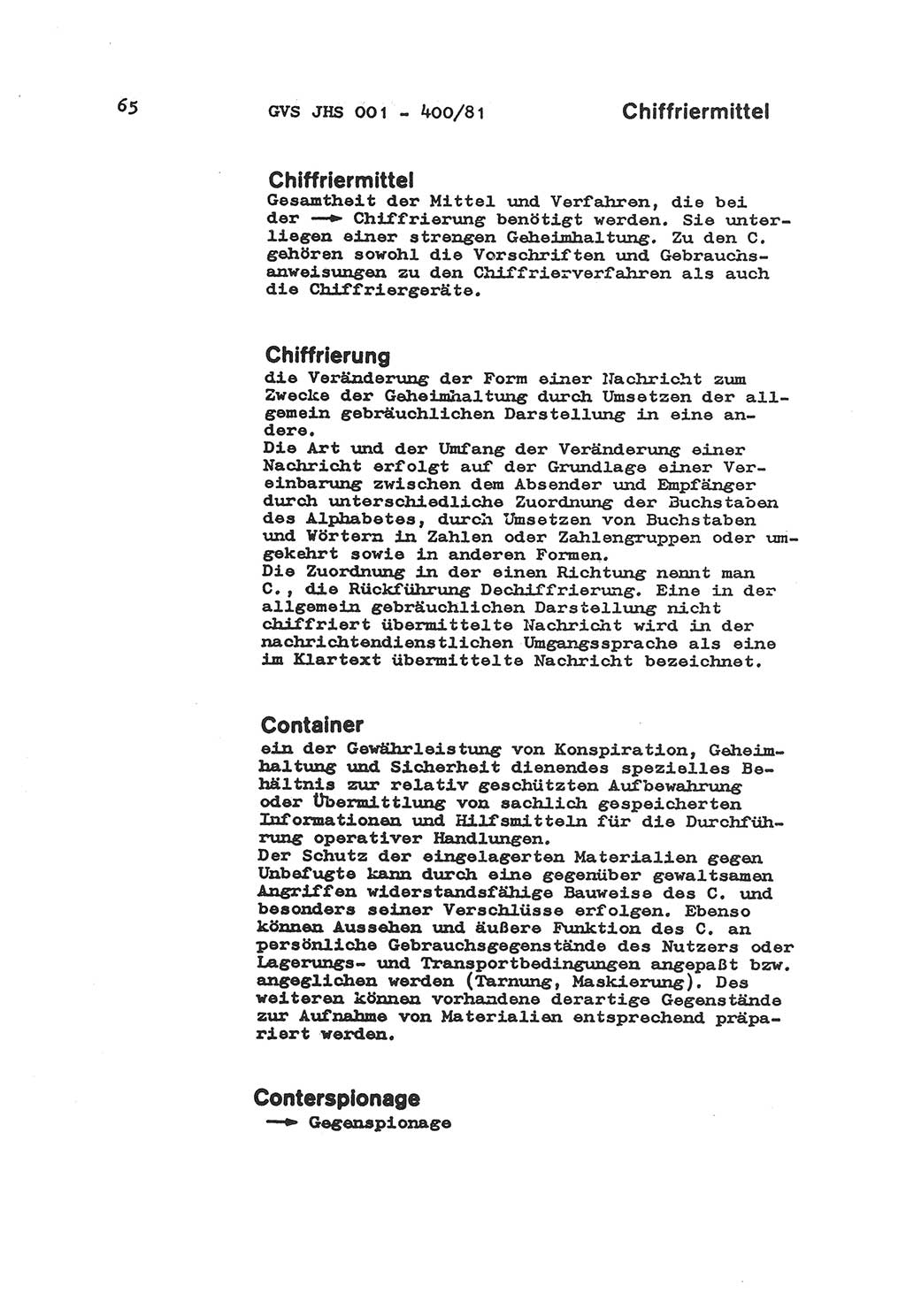 Wörterbuch der politisch-operativen Arbeit, Ministerium für Staatssicherheit (MfS) [Deutsche Demokratische Republik (DDR)], Juristische Hochschule (JHS), Geheime Verschlußsache (GVS) o001-400/81, Potsdam 1985, Blatt 65 (Wb. pol.-op. Arb. MfS DDR JHS GVS o001-400/81 1985, Bl. 65)