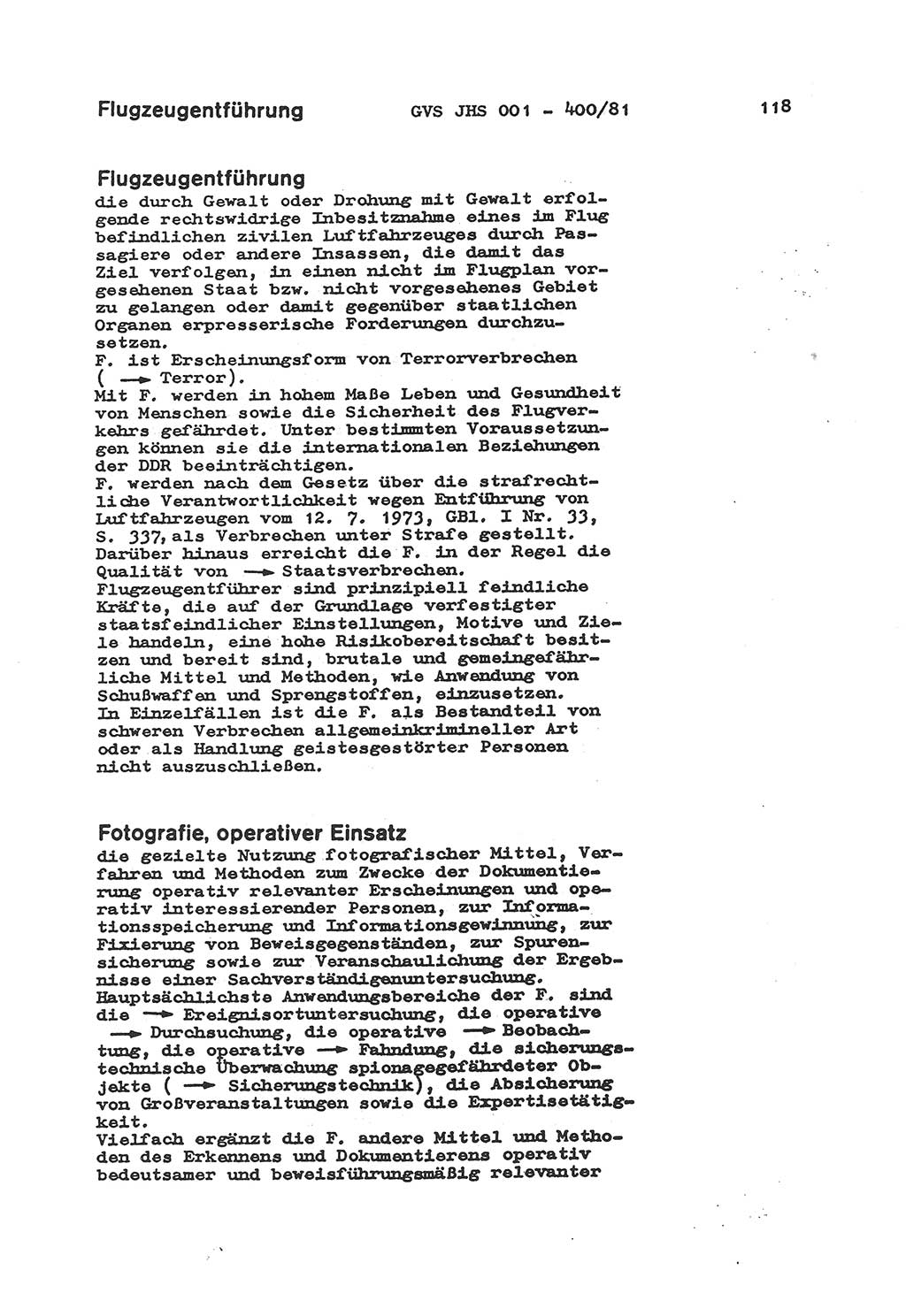 Wörterbuch der politisch-operativen Arbeit, Ministerium für Staatssicherheit (MfS) [Deutsche Demokratische Republik (DDR)], Juristische Hochschule (JHS), Geheime Verschlußsache (GVS) o001-400/81, Potsdam 1985, Blatt 118 (Wb. pol.-op. Arb. MfS DDR JHS GVS o001-400/81 1985, Bl. 118)