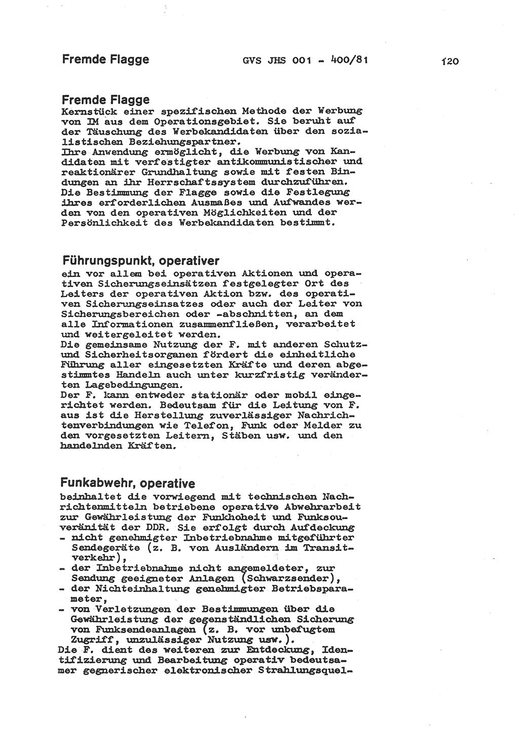 Wörterbuch der politisch-operativen Arbeit, Ministerium für Staatssicherheit (MfS) [Deutsche Demokratische Republik (DDR)], Juristische Hochschule (JHS), Geheime Verschlußsache (GVS) o001-400/81, Potsdam 1985, Blatt 120 (Wb. pol.-op. Arb. MfS DDR JHS GVS o001-400/81 1985, Bl. 120)