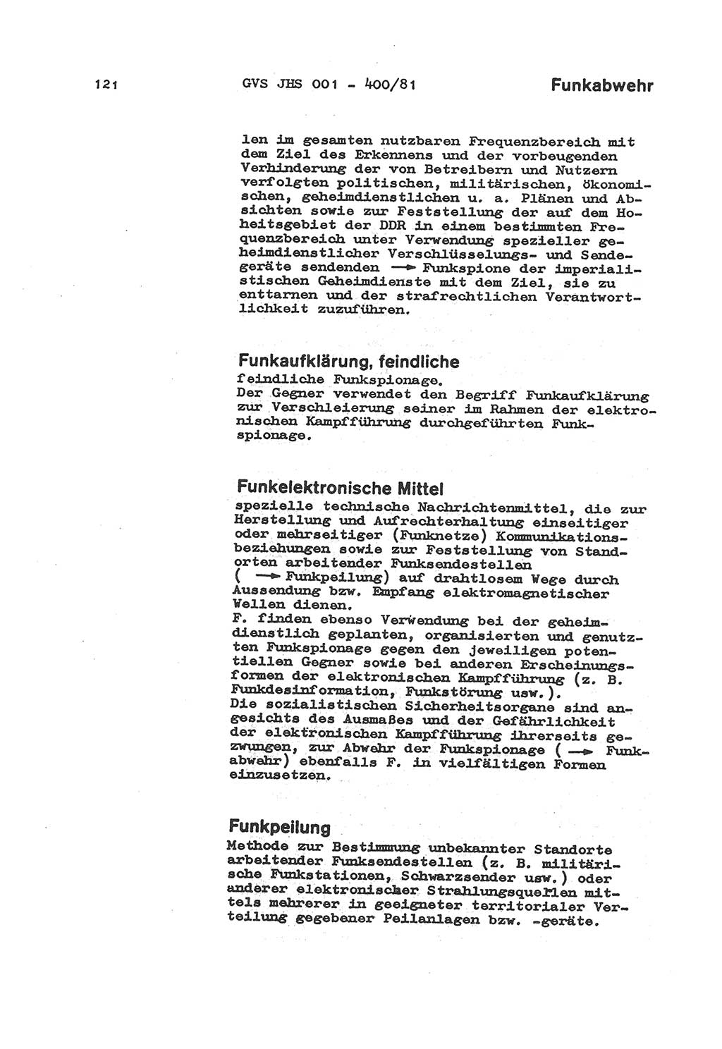 Wörterbuch der politisch-operativen Arbeit, Ministerium für Staatssicherheit (MfS) [Deutsche Demokratische Republik (DDR)], Juristische Hochschule (JHS), Geheime Verschlußsache (GVS) o001-400/81, Potsdam 1985, Blatt 121 (Wb. pol.-op. Arb. MfS DDR JHS GVS o001-400/81 1985, Bl. 121)