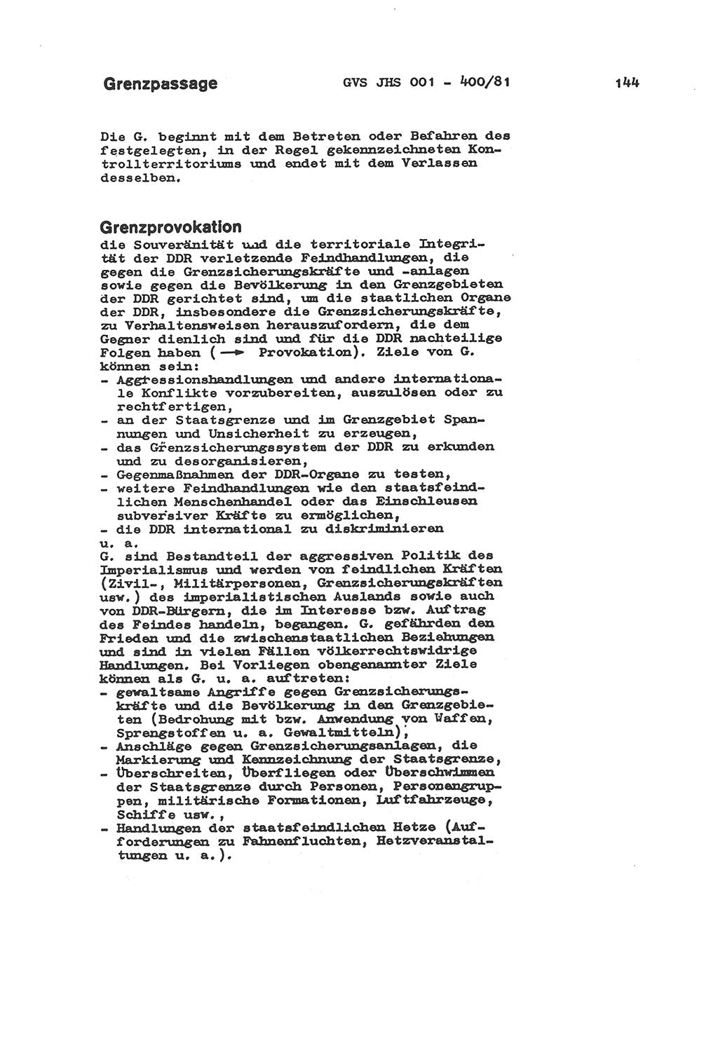 Wörterbuch der politisch-operativen Arbeit, Ministerium für Staatssicherheit (MfS) [Deutsche Demokratische Republik (DDR)], Juristische Hochschule (JHS), Geheime Verschlußsache (GVS) o001-400/81, Potsdam 1985, Blatt 144 (Wb. pol.-op. Arb. MfS DDR JHS GVS o001-400/81 1985, Bl. 144)