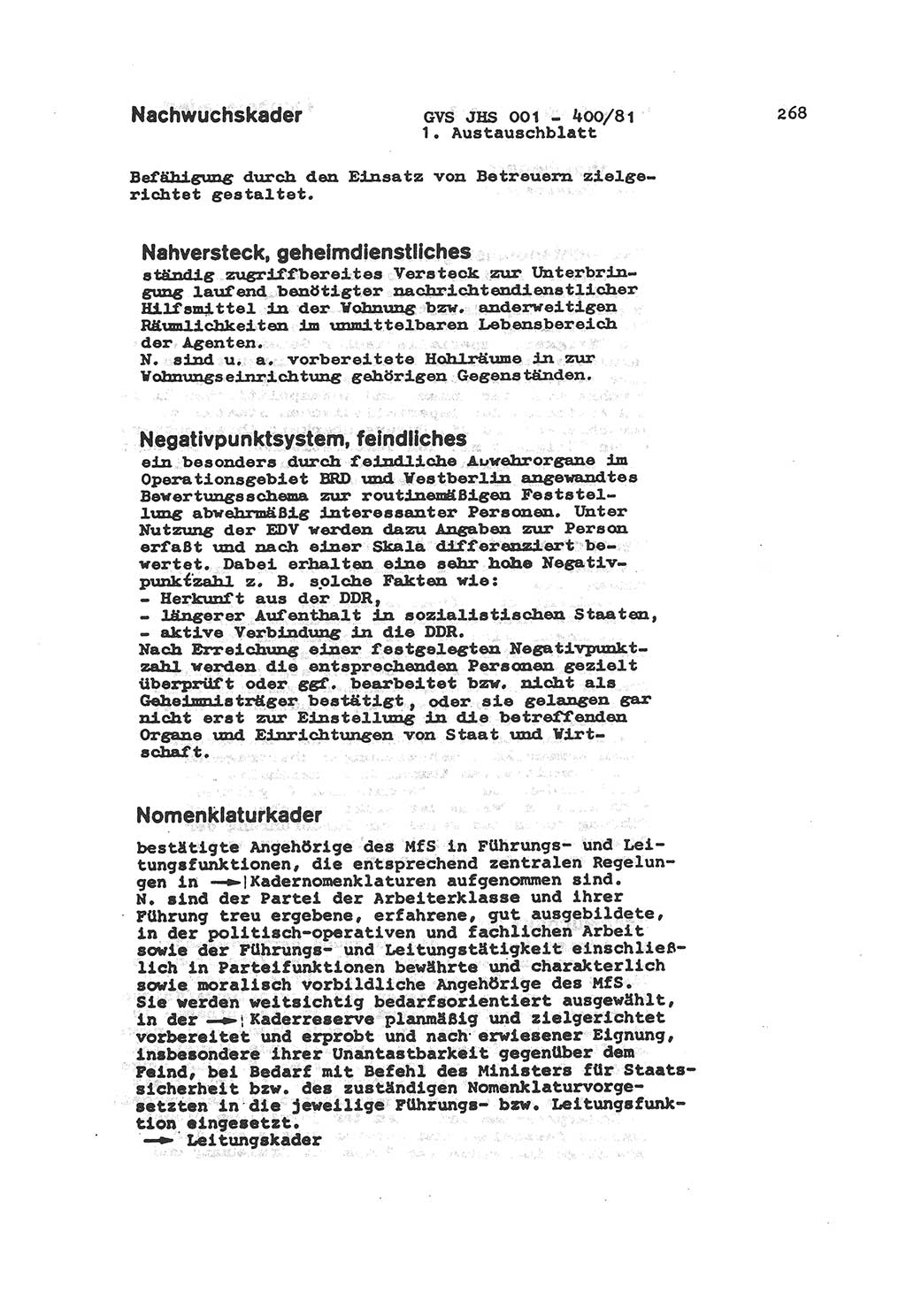 Wörterbuch der politisch-operativen Arbeit, Ministerium für Staatssicherheit (MfS) [Deutsche Demokratische Republik (DDR)], Juristische Hochschule (JHS), Geheime Verschlußsache (GVS) o001-400/81, Potsdam 1985, Blatt 268 (Wb. pol.-op. Arb. MfS DDR JHS GVS o001-400/81 1985, Bl. 268)
