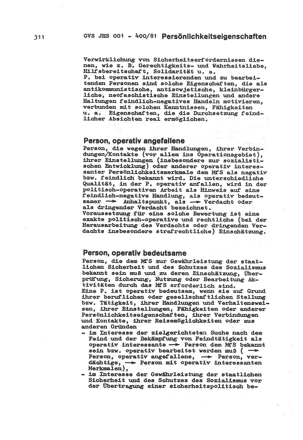 Wörterbuch der politisch-operativen Arbeit, Ministerium für Staatssicherheit (MfS) [Deutsche Demokratische Republik (DDR)], Juristische Hochschule (JHS), Geheime Verschlußsache (GVS) o001-400/81, Potsdam 1985, Blatt 311 (Wb. pol.-op. Arb. MfS DDR JHS GVS o001-400/81 1985, Bl. 311)