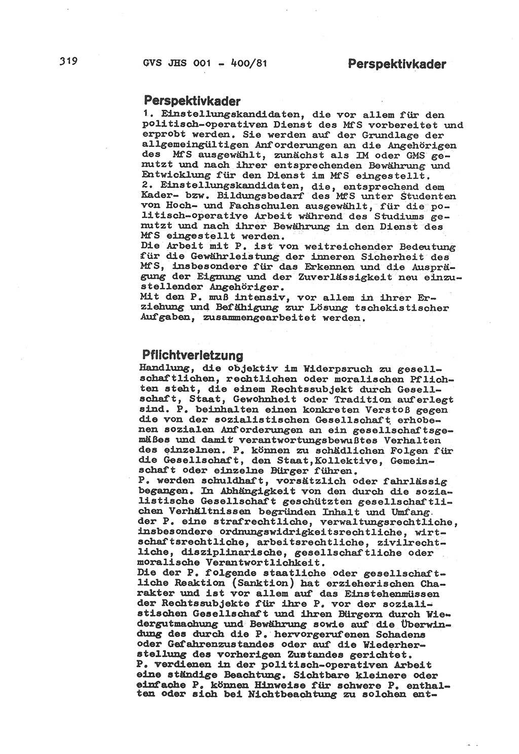 Wörterbuch der politisch-operativen Arbeit, Ministerium für Staatssicherheit (MfS) [Deutsche Demokratische Republik (DDR)], Juristische Hochschule (JHS), Geheime Verschlußsache (GVS) o001-400/81, Potsdam 1985, Blatt 319 (Wb. pol.-op. Arb. MfS DDR JHS GVS o001-400/81 1985, Bl. 319)