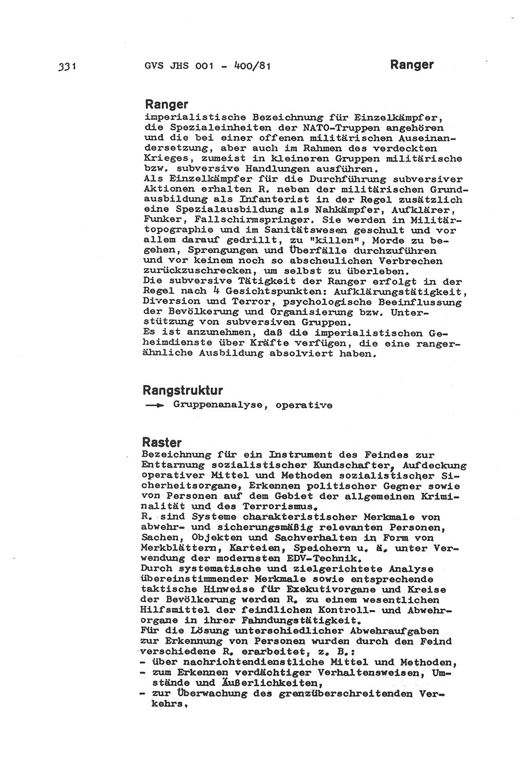 Wörterbuch der politisch-operativen Arbeit, Ministerium für Staatssicherheit (MfS) [Deutsche Demokratische Republik (DDR)], Juristische Hochschule (JHS), Geheime Verschlußsache (GVS) o001-400/81, Potsdam 1985, Blatt 331 (Wb. pol.-op. Arb. MfS DDR JHS GVS o001-400/81 1985, Bl. 331)