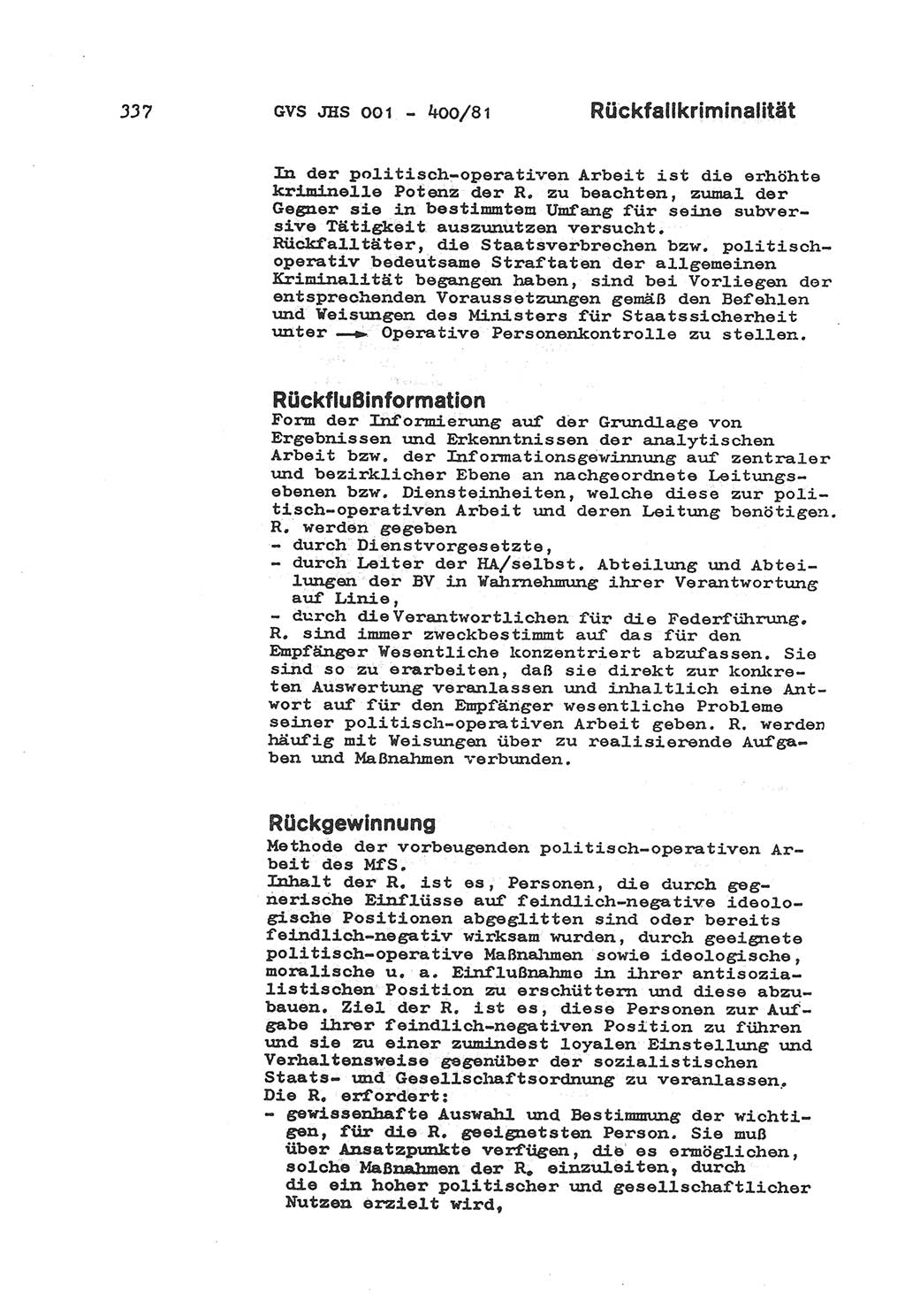 Wörterbuch der politisch-operativen Arbeit, Ministerium für Staatssicherheit (MfS) [Deutsche Demokratische Republik (DDR)], Juristische Hochschule (JHS), Geheime Verschlußsache (GVS) o001-400/81, Potsdam 1985, Blatt 337 (Wb. pol.-op. Arb. MfS DDR JHS GVS o001-400/81 1985, Bl. 337)