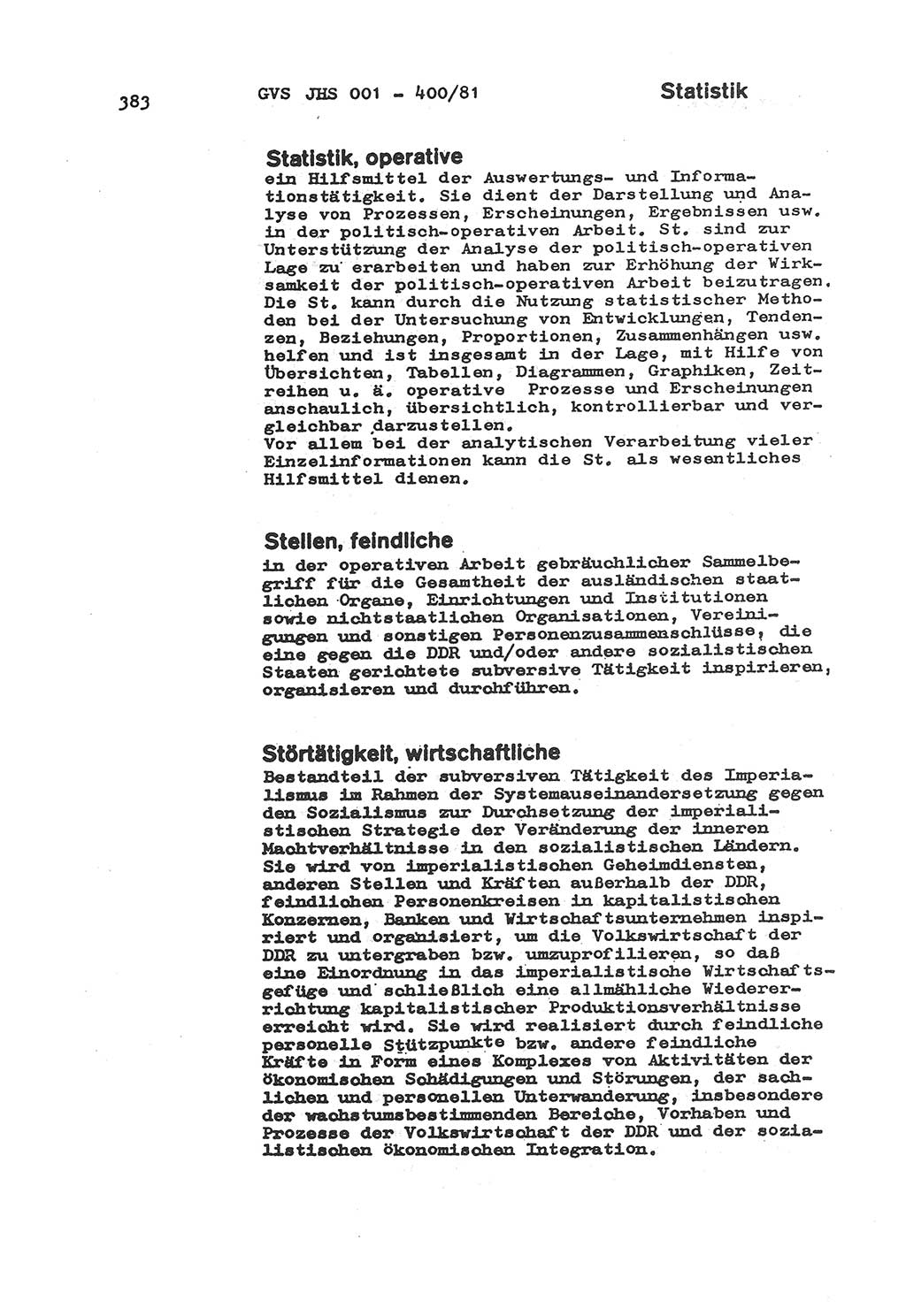 Wörterbuch der politisch-operativen Arbeit, Ministerium für Staatssicherheit (MfS) [Deutsche Demokratische Republik (DDR)], Juristische Hochschule (JHS), Geheime Verschlußsache (GVS) o001-400/81, Potsdam 1985, Blatt 383 (Wb. pol.-op. Arb. MfS DDR JHS GVS o001-400/81 1985, Bl. 383)