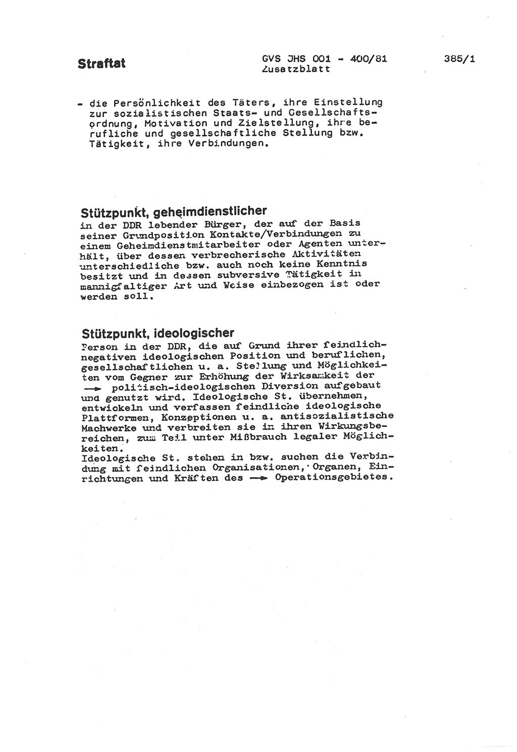 Wörterbuch der politisch-operativen Arbeit, Ministerium für Staatssicherheit (MfS) [Deutsche Demokratische Republik (DDR)], Juristische Hochschule (JHS), Geheime Verschlußsache (GVS) o001-400/81, Potsdam 1985, Blatt 385/1 (Wb. pol.-op. Arb. MfS DDR JHS GVS o001-400/81 1985, Bl. 385/1)