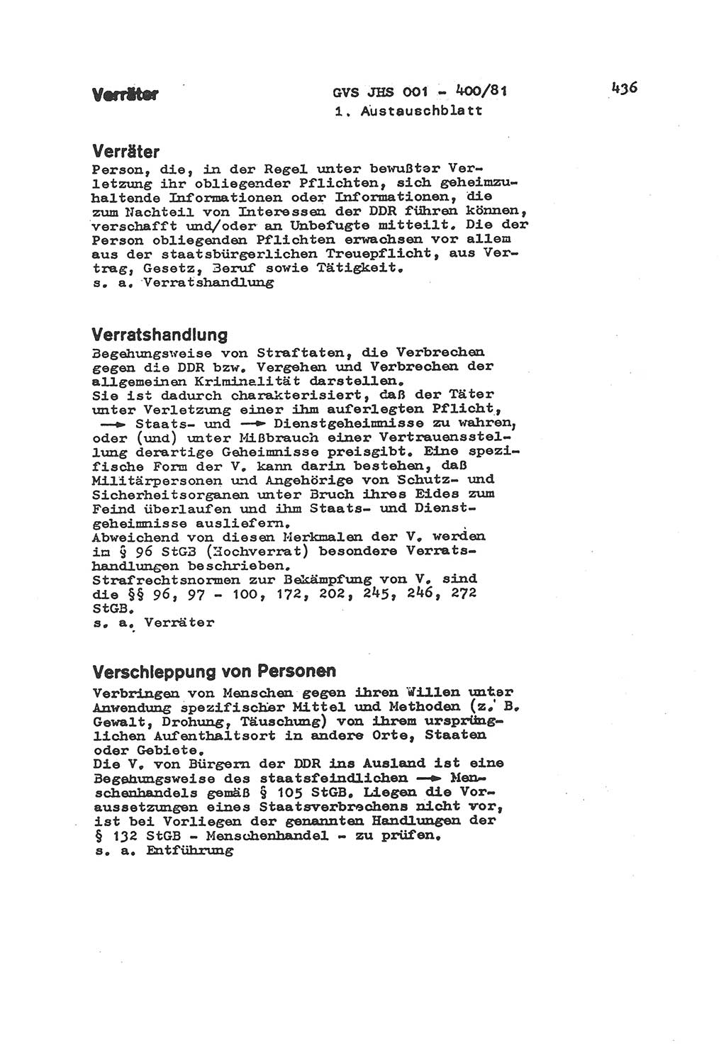 Wörterbuch der politisch-operativen Arbeit, Ministerium für Staatssicherheit (MfS) [Deutsche Demokratische Republik (DDR)], Juristische Hochschule (JHS), Geheime Verschlußsache (GVS) o001-400/81, Potsdam 1985, Blatt 436 (Wb. pol.-op. Arb. MfS DDR JHS GVS o001-400/81 1985, Bl. 436)