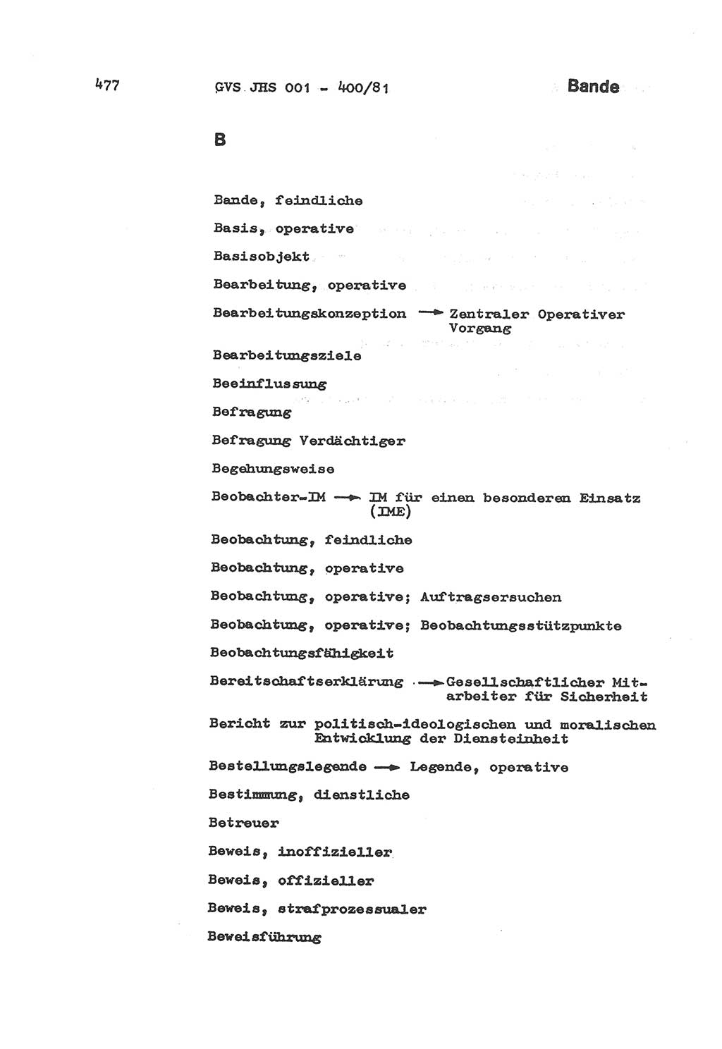 Wörterbuch der politisch-operativen Arbeit, Ministerium für Staatssicherheit (MfS) [Deutsche Demokratische Republik (DDR)], Juristische Hochschule (JHS), Geheime Verschlußsache (GVS) o001-400/81, Potsdam 1985, Blatt 477 (Wb. pol.-op. Arb. MfS DDR JHS GVS o001-400/81 1985, Bl. 477)