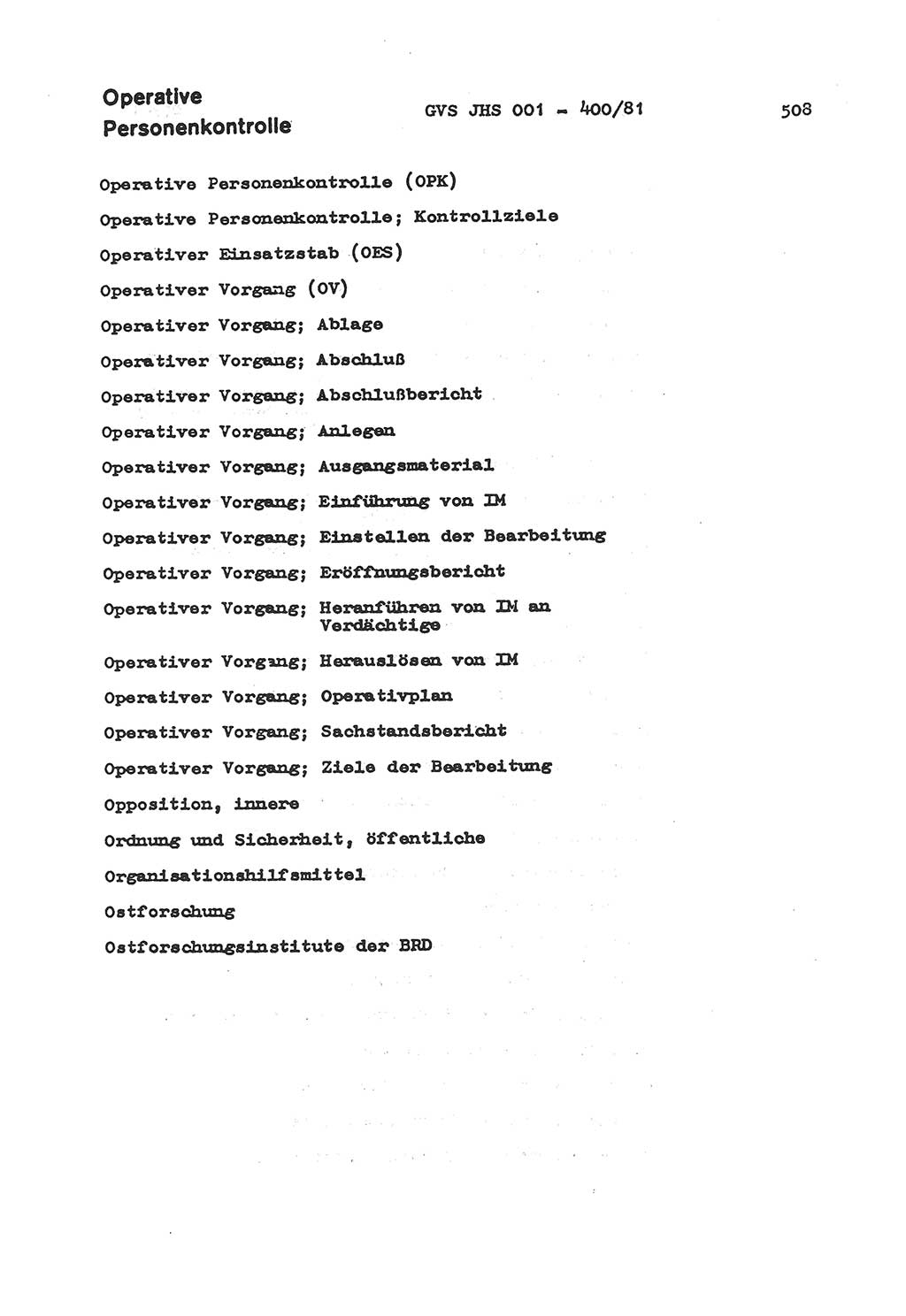 Wörterbuch der politisch-operativen Arbeit, Ministerium für Staatssicherheit (MfS) [Deutsche Demokratische Republik (DDR)], Juristische Hochschule (JHS), Geheime Verschlußsache (GVS) o001-400/81, Potsdam 1985, Blatt 508 (Wb. pol.-op. Arb. MfS DDR JHS GVS o001-400/81 1985, Bl. 508)