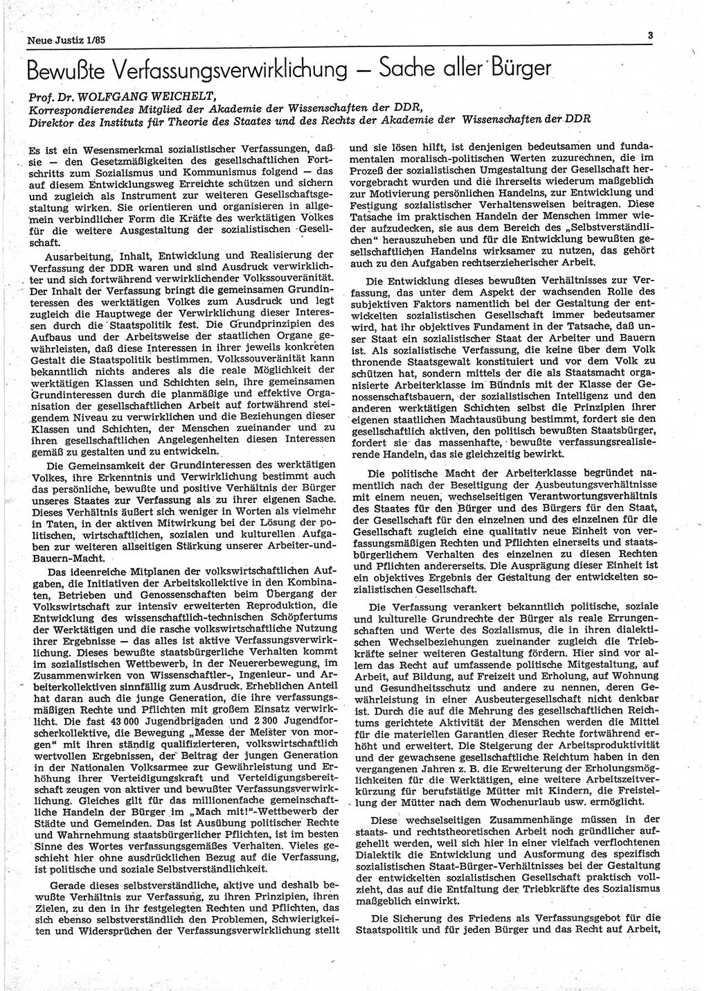 Neue Justiz (NJ), Zeitschrift für sozialistisches Recht und Gesetzlichkeit [Deutsche Demokratische Republik (DDR)], 39. Jahrgang 1985, Seite 3 (NJ DDR 1985, S. 3)