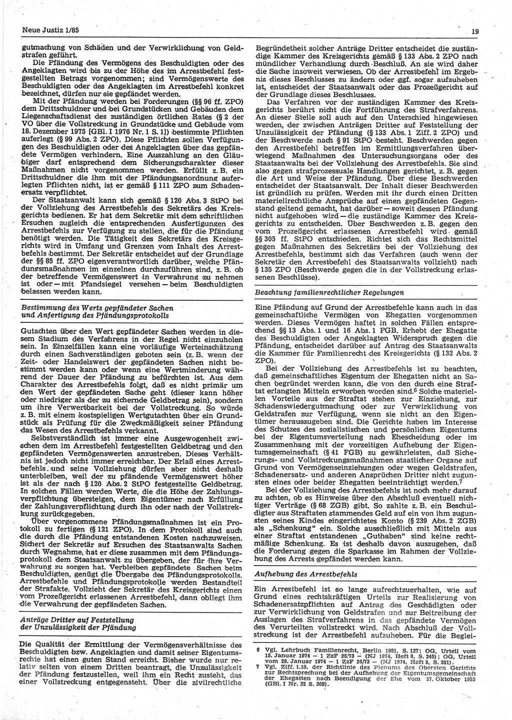 Neue Justiz (NJ), Zeitschrift für sozialistisches Recht und Gesetzlichkeit [Deutsche Demokratische Republik (DDR)], 39. Jahrgang 1985, Seite 19 (NJ DDR 1985, S. 19)
