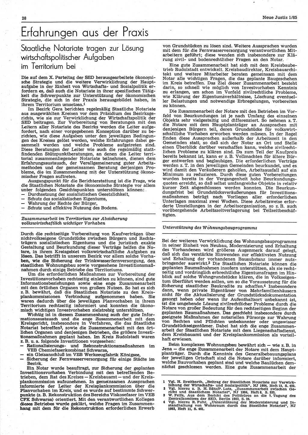 Neue Justiz (NJ), Zeitschrift für sozialistisches Recht und Gesetzlichkeit [Deutsche Demokratische Republik (DDR)], 39. Jahrgang 1985, Seite 28 (NJ DDR 1985, S. 28)