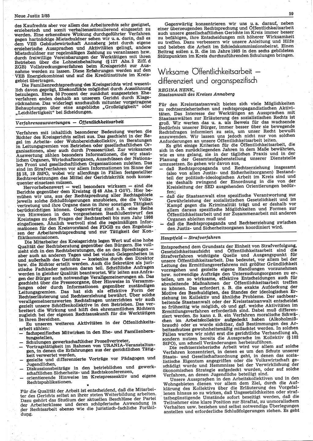 Neue Justiz (NJ), Zeitschrift für sozialistisches Recht und Gesetzlichkeit [Deutsche Demokratische Republik (DDR)], 39. Jahrgang 1985, Seite 59 (NJ DDR 1985, S. 59)
