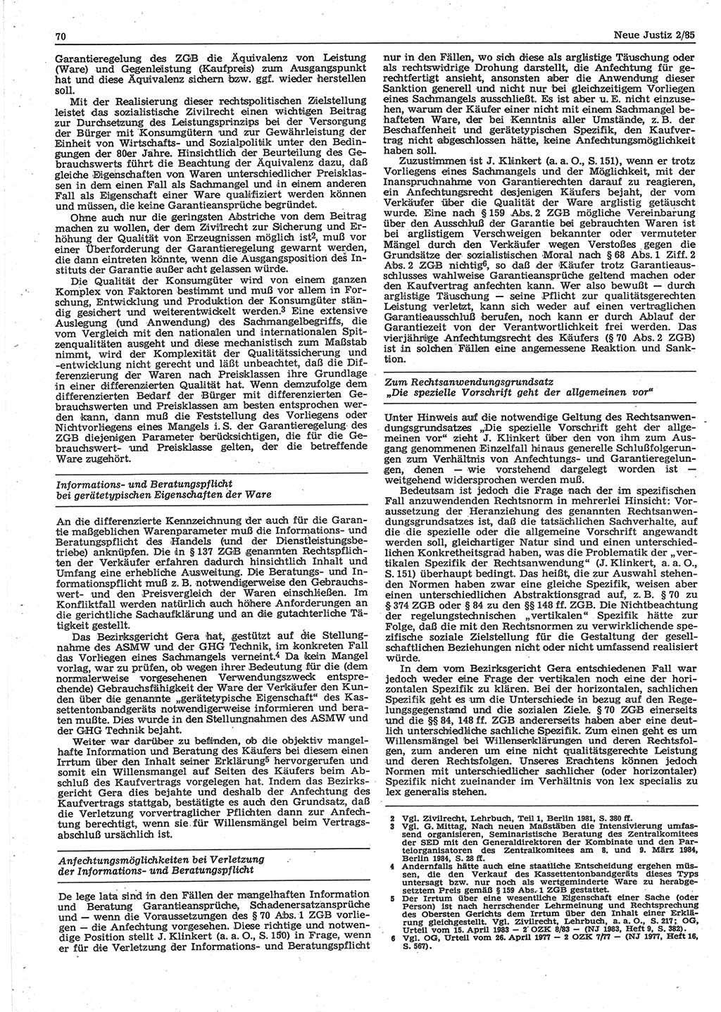 Neue Justiz (NJ), Zeitschrift für sozialistisches Recht und Gesetzlichkeit [Deutsche Demokratische Republik (DDR)], 39. Jahrgang 1985, Seite 70 (NJ DDR 1985, S. 70)