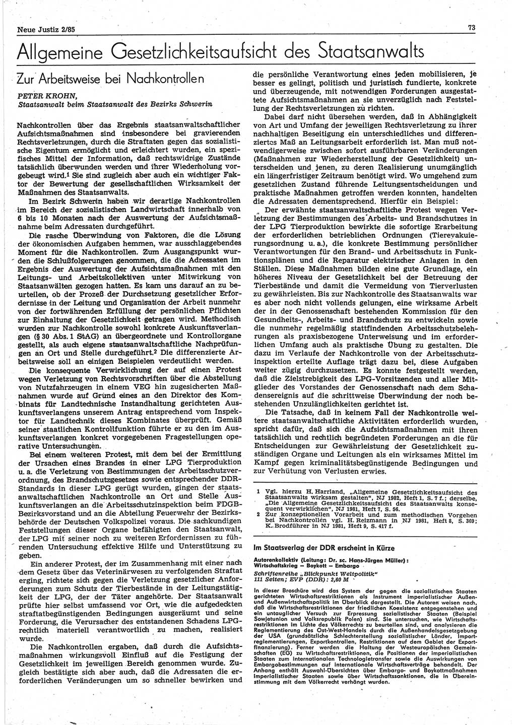 Neue Justiz (NJ), Zeitschrift für sozialistisches Recht und Gesetzlichkeit [Deutsche Demokratische Republik (DDR)], 39. Jahrgang 1985, Seite 73 (NJ DDR 1985, S. 73)