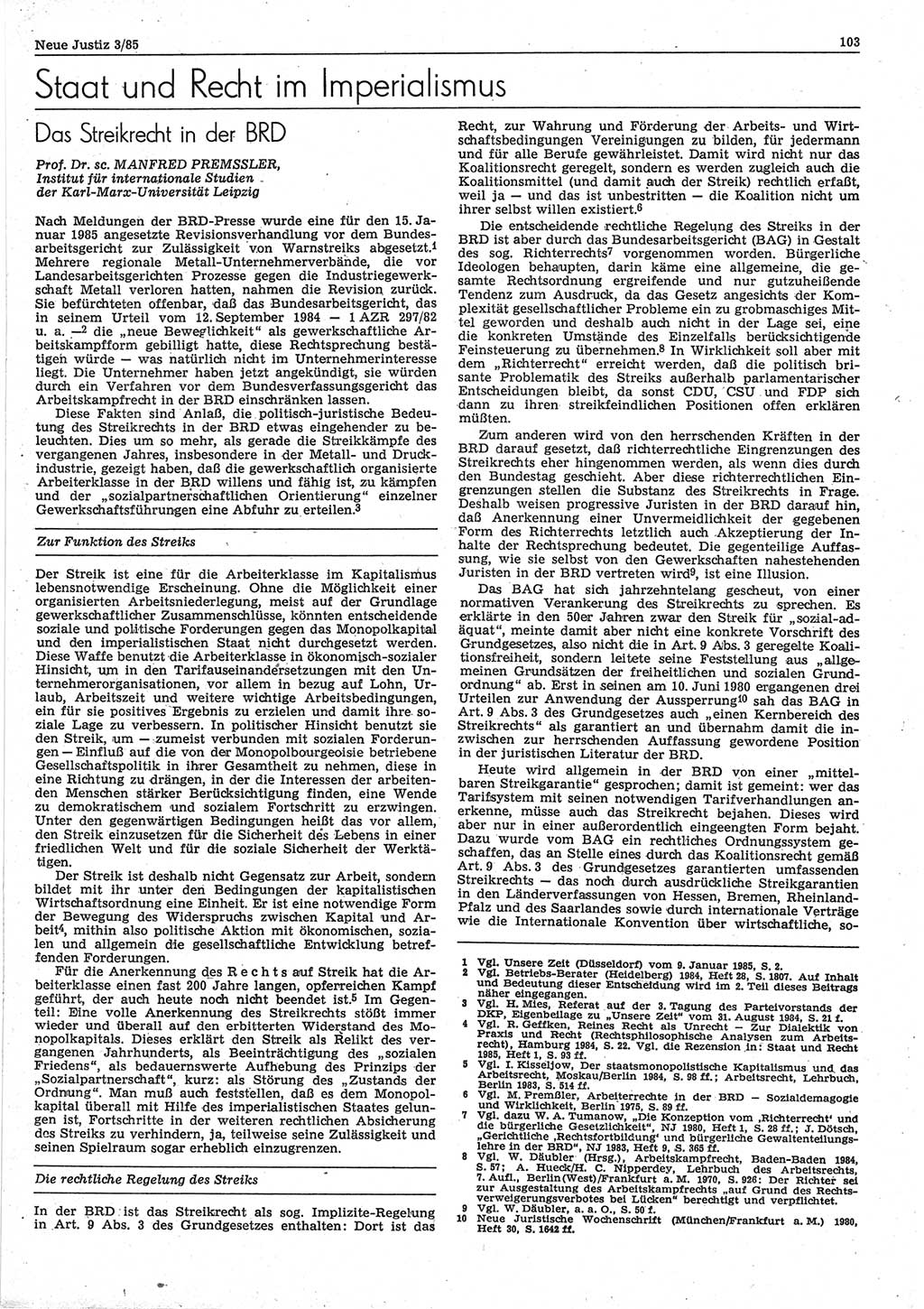 Neue Justiz (NJ), Zeitschrift für sozialistisches Recht und Gesetzlichkeit [Deutsche Demokratische Republik (DDR)], 39. Jahrgang 1985, Seite 103 (NJ DDR 1985, S. 103)