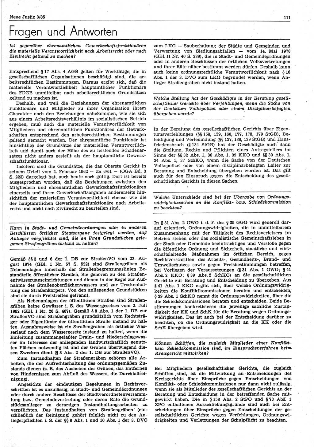 Neue Justiz (NJ), Zeitschrift für sozialistisches Recht und Gesetzlichkeit [Deutsche Demokratische Republik (DDR)], 39. Jahrgang 1985, Seite 111 (NJ DDR 1985, S. 111)