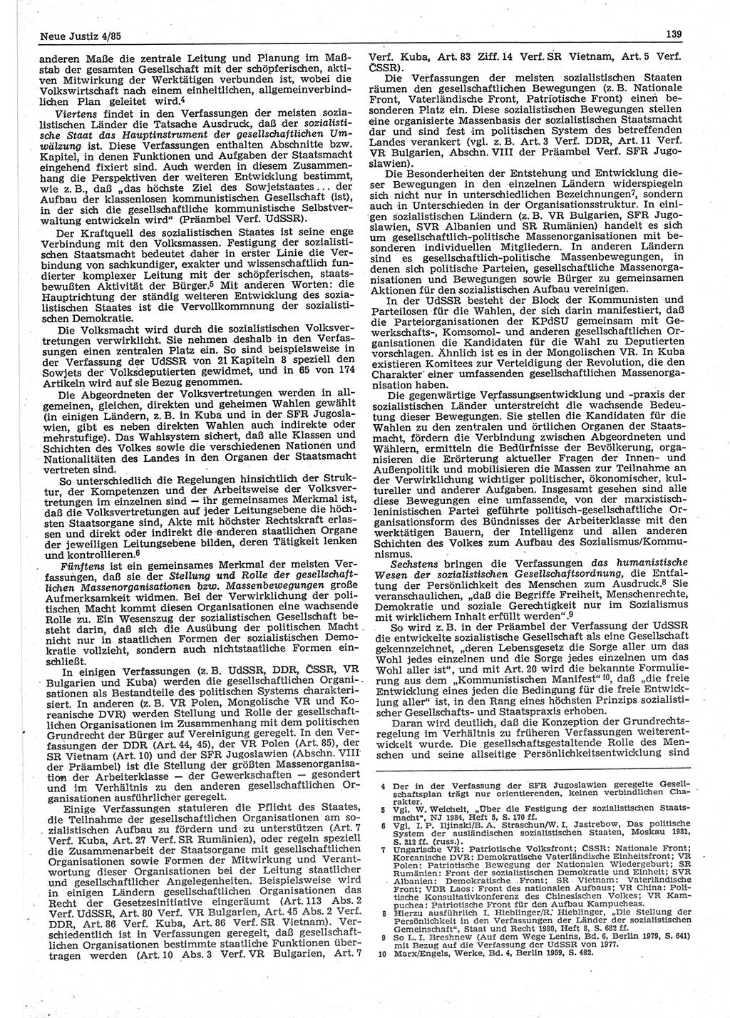 Neue Justiz (NJ), Zeitschrift für sozialistisches Recht und Gesetzlichkeit [Deutsche Demokratische Republik (DDR)], 39. Jahrgang 1985, Seite 139 (NJ DDR 1985, S. 139)