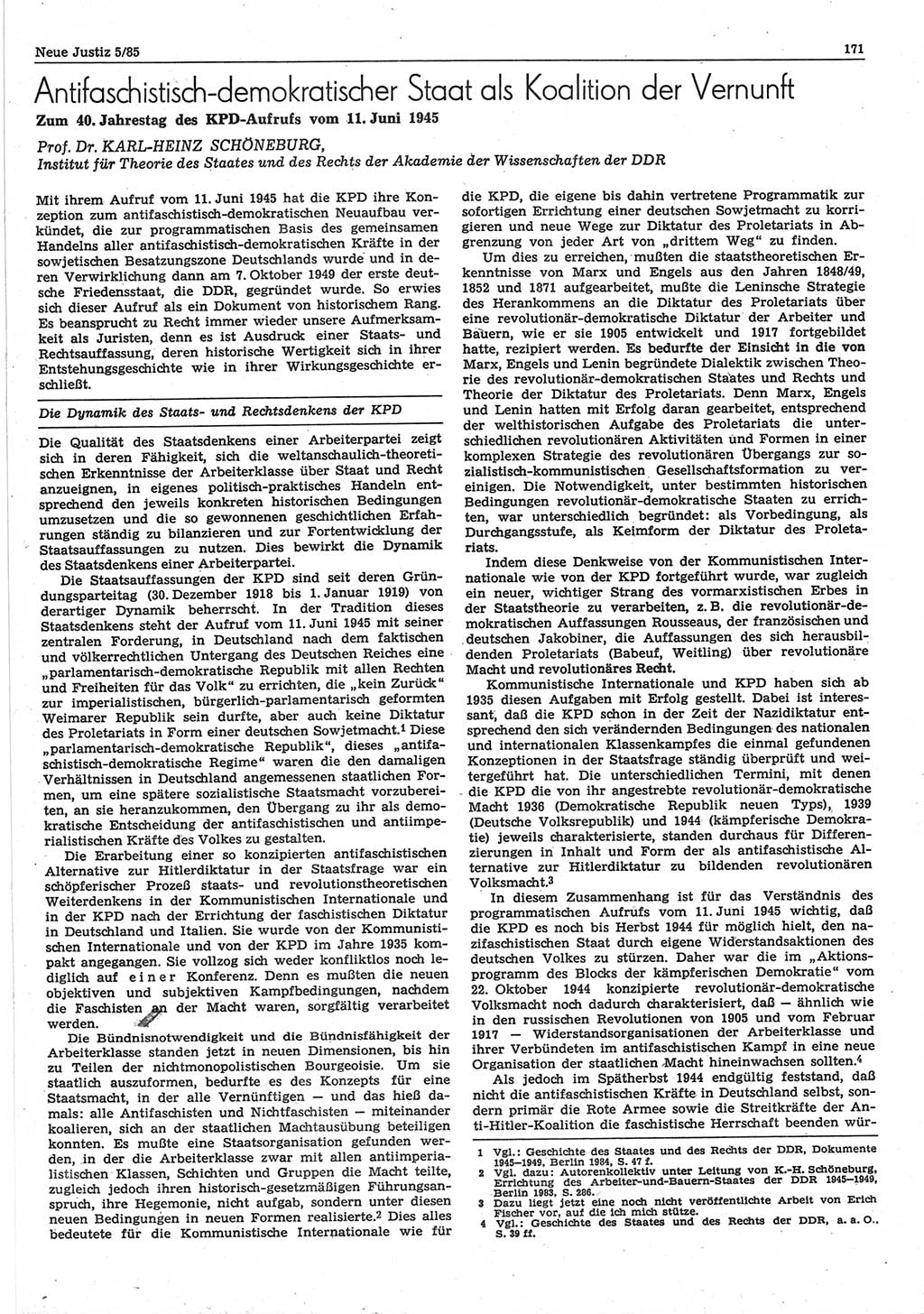Neue Justiz (NJ), Zeitschrift für sozialistisches Recht und Gesetzlichkeit [Deutsche Demokratische Republik (DDR)], 39. Jahrgang 1985, Seite 171 (NJ DDR 1985, S. 171)