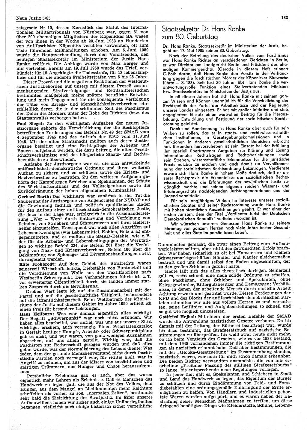 Neue Justiz (NJ), Zeitschrift für sozialistisches Recht und Gesetzlichkeit [Deutsche Demokratische Republik (DDR)], 39. Jahrgang 1985, Seite 183 (NJ DDR 1985, S. 183)