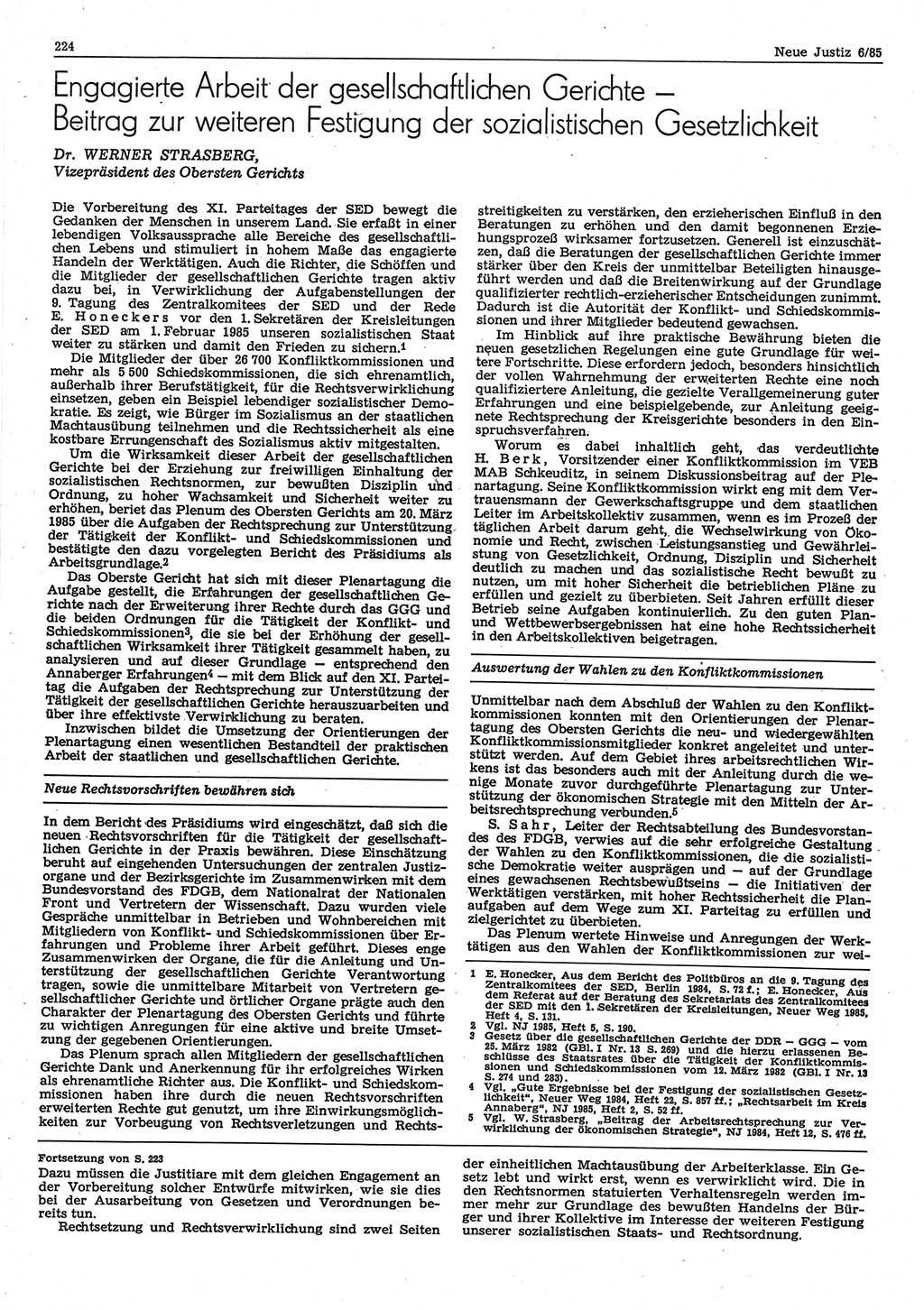 Neue Justiz (NJ), Zeitschrift für sozialistisches Recht und Gesetzlichkeit [Deutsche Demokratische Republik (DDR)], 39. Jahrgang 1985, Seite 224 (NJ DDR 1985, S. 224)