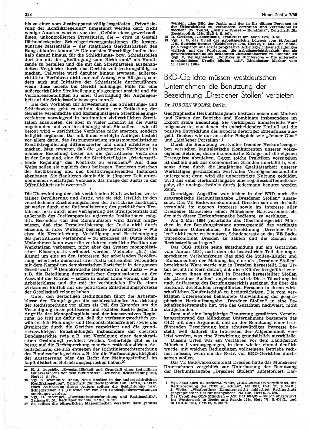 Neue Justiz (NJ), Zeitschrift für sozialistisches Recht und Gesetzlichkeit [Deutsche Demokratische Republik (DDR)], 39. Jahrgang 1985, Seite 288 (NJ DDR 1985, S. 288)