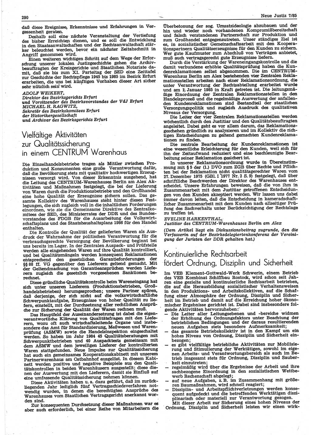 Neue Justiz (NJ), Zeitschrift für sozialistisches Recht und Gesetzlichkeit [Deutsche Demokratische Republik (DDR)], 39. Jahrgang 1985, Seite 290 (NJ DDR 1985, S. 290)