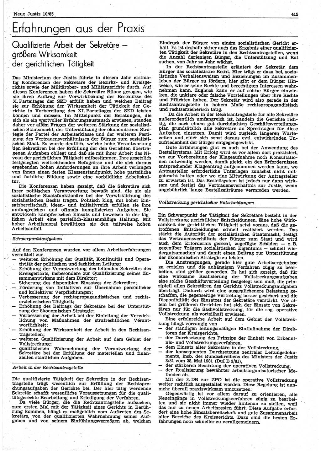 Neue Justiz (NJ), Zeitschrift für sozialistisches Recht und Gesetzlichkeit [Deutsche Demokratische Republik (DDR)], 39. Jahrgang 1985, Seite 415 (NJ DDR 1985, S. 415)