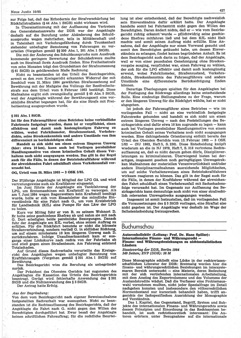 Neue Justiz (NJ), Zeitschrift für sozialistisches Recht und Gesetzlichkeit [Deutsche Demokratische Republik (DDR)], 39. Jahrgang 1985, Seite 427 (NJ DDR 1985, S. 427)