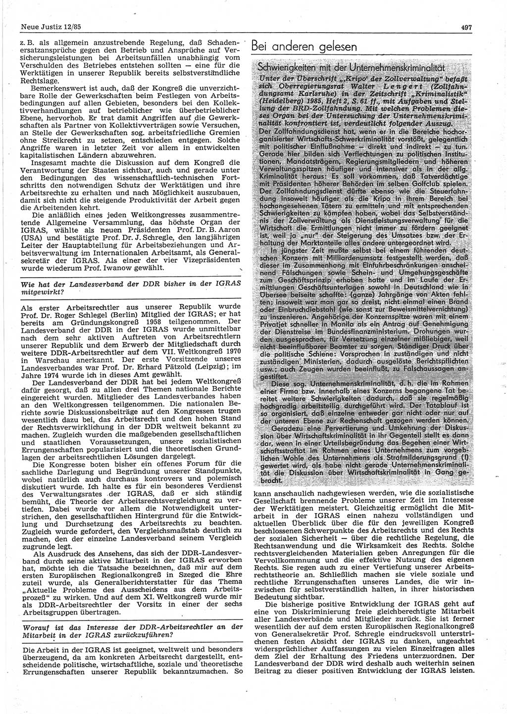 Neue Justiz (NJ), Zeitschrift für sozialistisches Recht und Gesetzlichkeit [Deutsche Demokratische Republik (DDR)], 39. Jahrgang 1985, Seite 497 (NJ DDR 1985, S. 497)