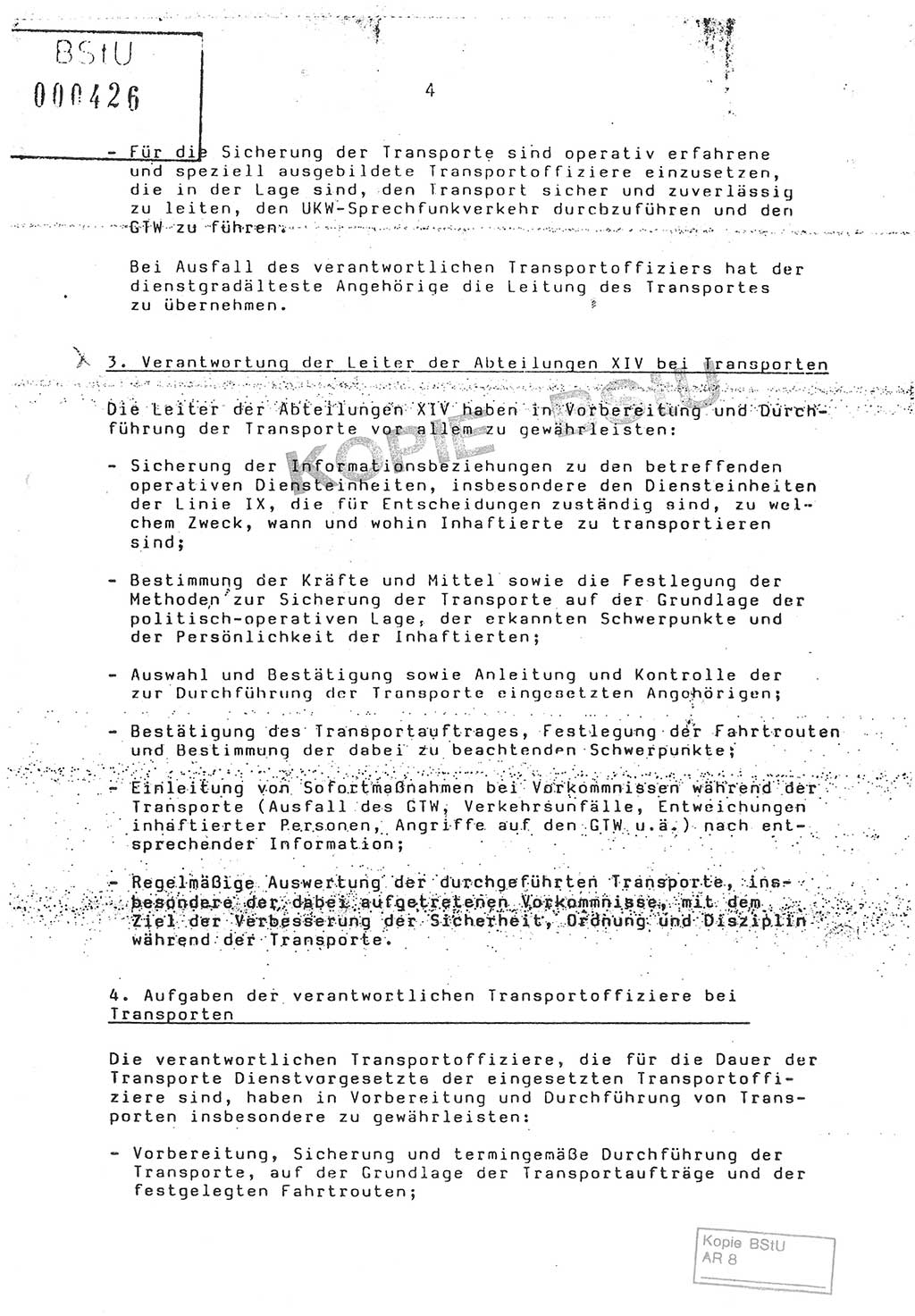 Anweisung Nr. 4/86 zur Sicherung der Transporte Inhaftierter durch Angehörige der Abteilungen ⅩⅣ, Transportsicherungsanweisung, Ministerium für Staatssicherheit (MfS) [Deutsche Demokratische Republik (DDR)], Abteilung ⅩⅣ, Leiter, Vertrauliche Verschlußsache (VVS) o008-18/86, Berlin, 29.1.1986, Seite 4 (Anw. 4/86 MfS DDR Abt. ⅩⅣ Ltr. VVS o008-18/86 1986, S. 4)