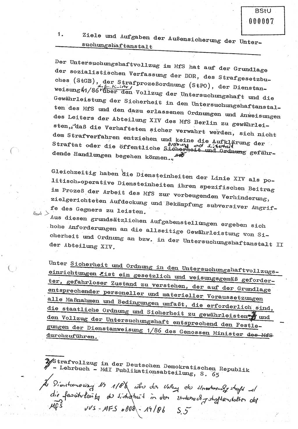 Diplomarbeit (Entwurf) Oberleutnant Peter Parke (Abt. ⅩⅣ), Ministerium für Staatssicherheit (MfS) [Deutsche Demokratische Republik (DDR)], Juristische Hochschule (JHS), Geheime Verschlußsache (GVS) o001-98/86, Potsdam 1986, Seite 7 (Dipl.-Arb. MfS DDR JHS GVS o001-98/86 1986, S. 7)