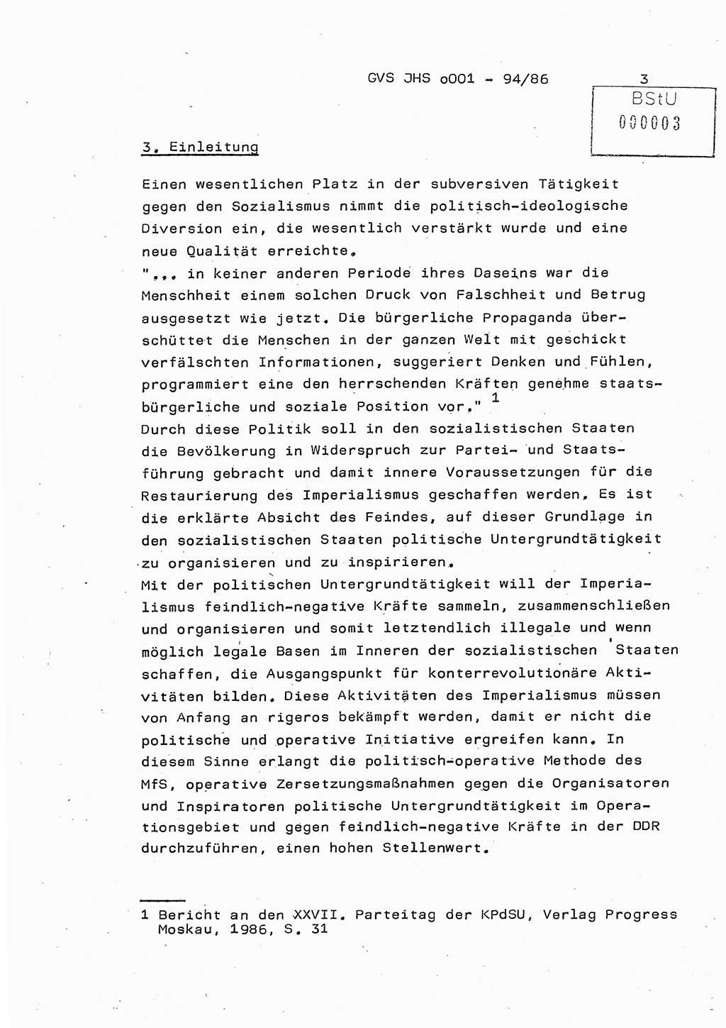 Diplomarbeit Oberleutnant Volkmar Pechmann (HA ⅩⅩ/5), Ministerium für Staatssicherheit (MfS) [Deutsche Demokratische Republik (DDR)], Juristische Hochschule (JHS), Geheime Verschlußsache (GVS) o001-94/86, Potsdam 1986, Blatt 3 (Dipl.-Arb. MfS DDR JHS GVS o001-94/86 1986, Bl. 3)