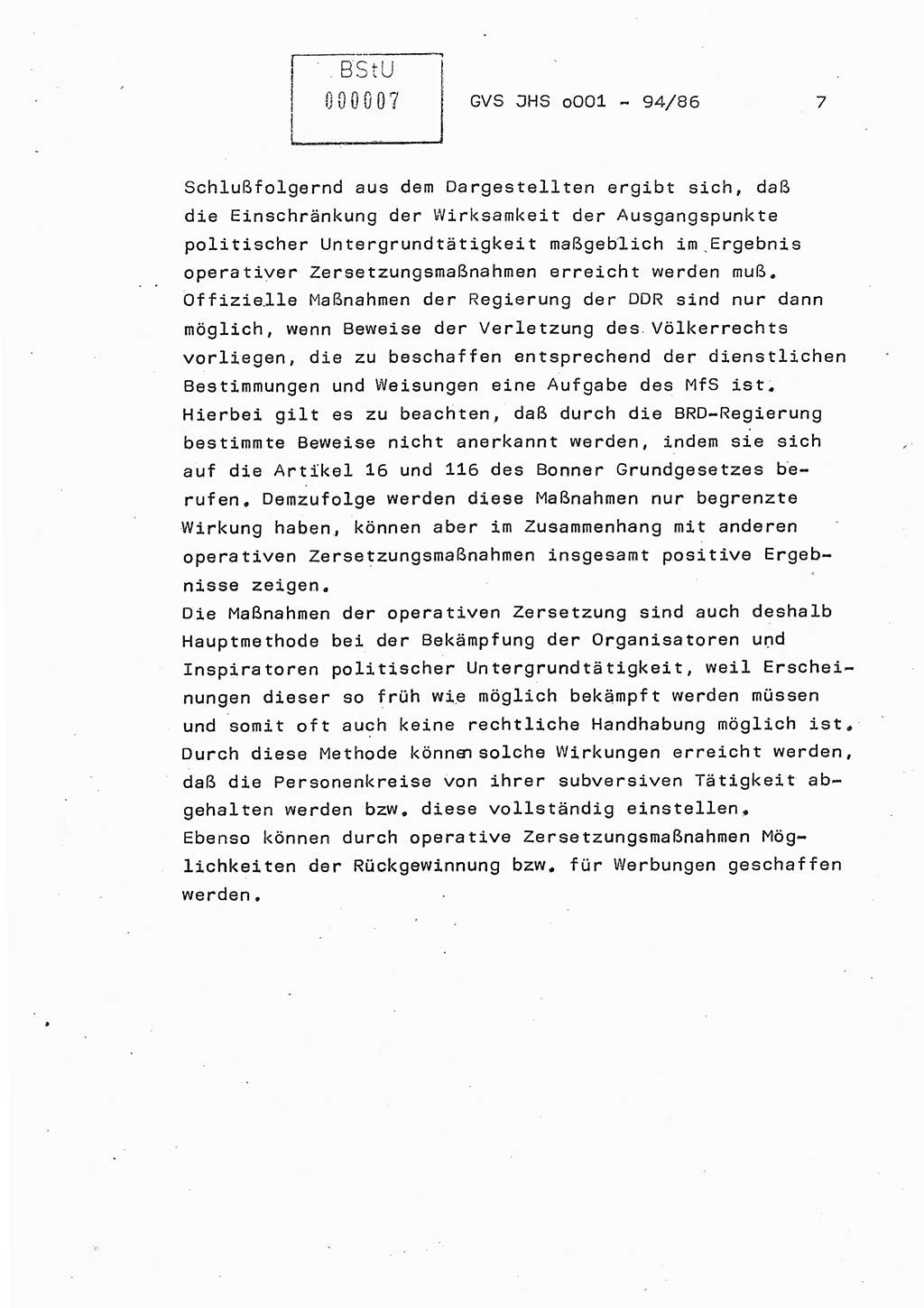 Diplomarbeit Oberleutnant Volkmar Pechmann (HA ⅩⅩ/5), Ministerium für Staatssicherheit (MfS) [Deutsche Demokratische Republik (DDR)], Juristische Hochschule (JHS), Geheime Verschlußsache (GVS) o001-94/86, Potsdam 1986, Blatt 7 (Dipl.-Arb. MfS DDR JHS GVS o001-94/86 1986, Bl. 7)