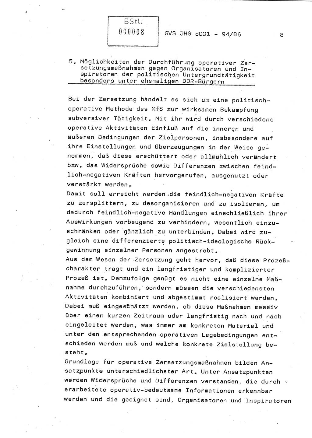 Diplomarbeit Oberleutnant Volkmar Pechmann (HA ⅩⅩ/5), Ministerium für Staatssicherheit (MfS) [Deutsche Demokratische Republik (DDR)], Juristische Hochschule (JHS), Geheime Verschlußsache (GVS) o001-94/86, Potsdam 1986, Blatt 8 (Dipl.-Arb. MfS DDR JHS GVS o001-94/86 1986, Bl. 8)