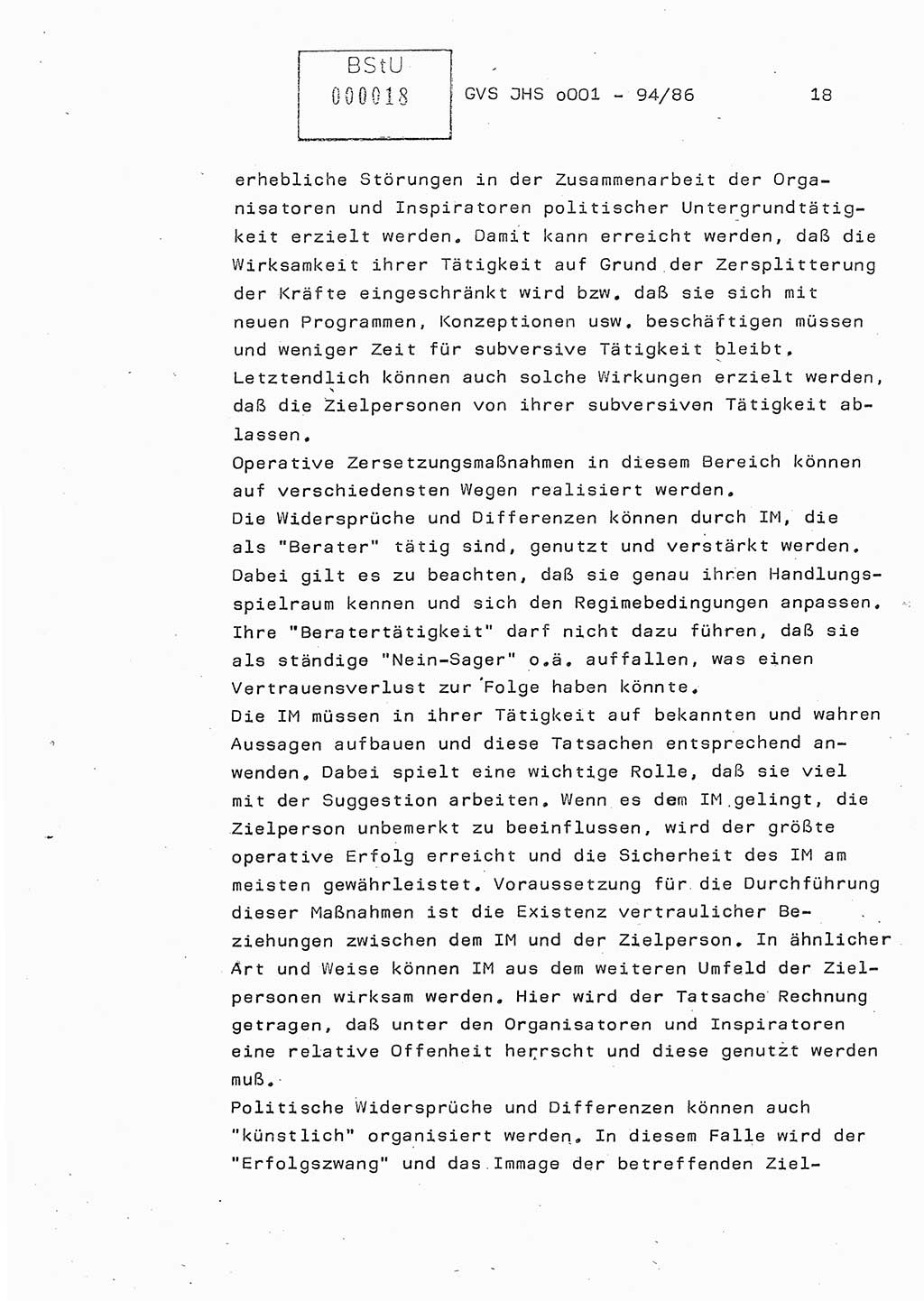 Diplomarbeit Oberleutnant Volkmar Pechmann (HA ⅩⅩ/5), Ministerium für Staatssicherheit (MfS) [Deutsche Demokratische Republik (DDR)], Juristische Hochschule (JHS), Geheime Verschlußsache (GVS) o001-94/86, Potsdam 1986, Blatt 18 (Dipl.-Arb. MfS DDR JHS GVS o001-94/86 1986, Bl. 18)
